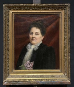 Portrait français ancien de femme avec des fleurs de la Belle Époque, cadre d'origine