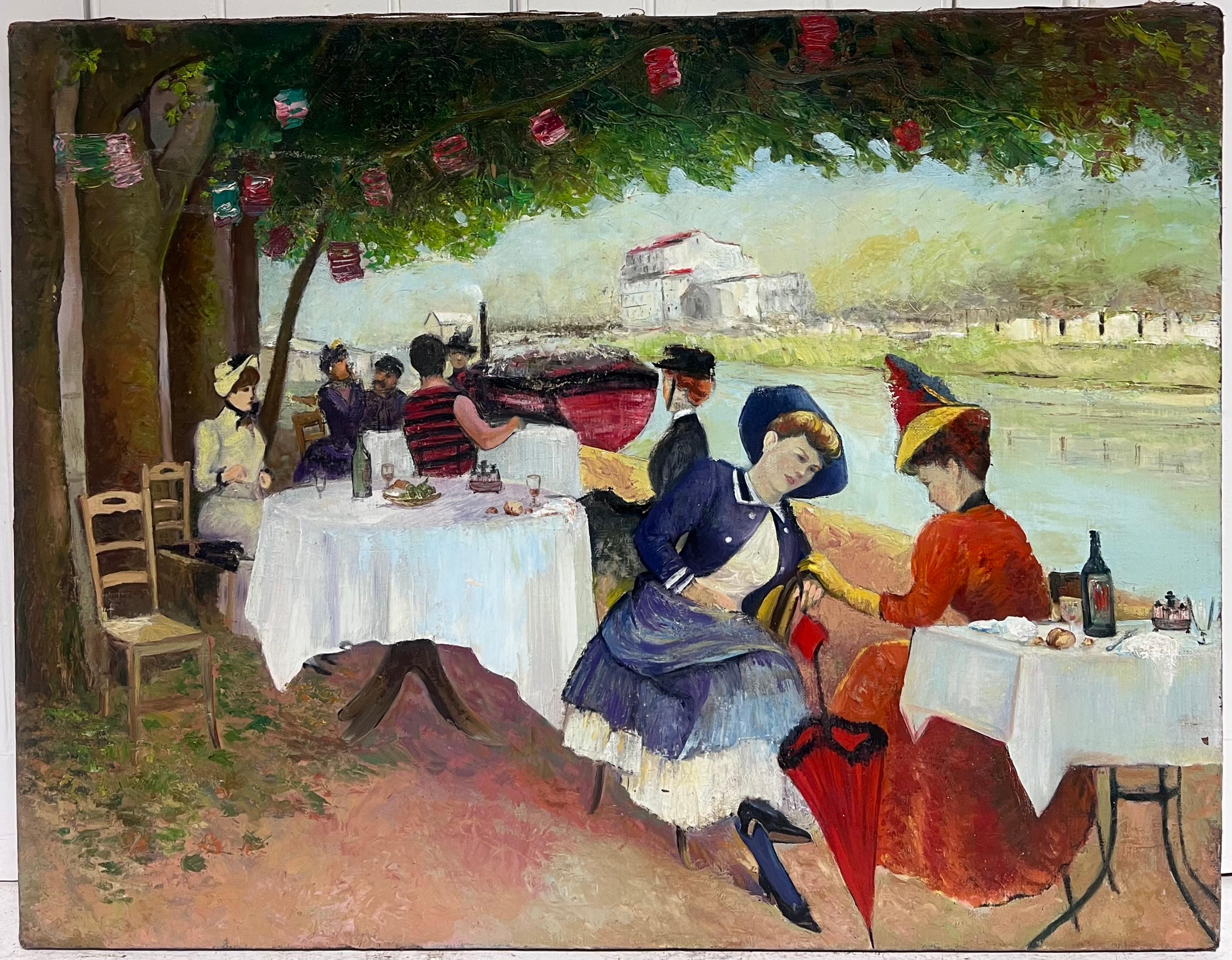 Elegant Parisian Figures Enjoying Open Air Riverside Cafe Antique French Oil - Painting by French Belle Epoque
