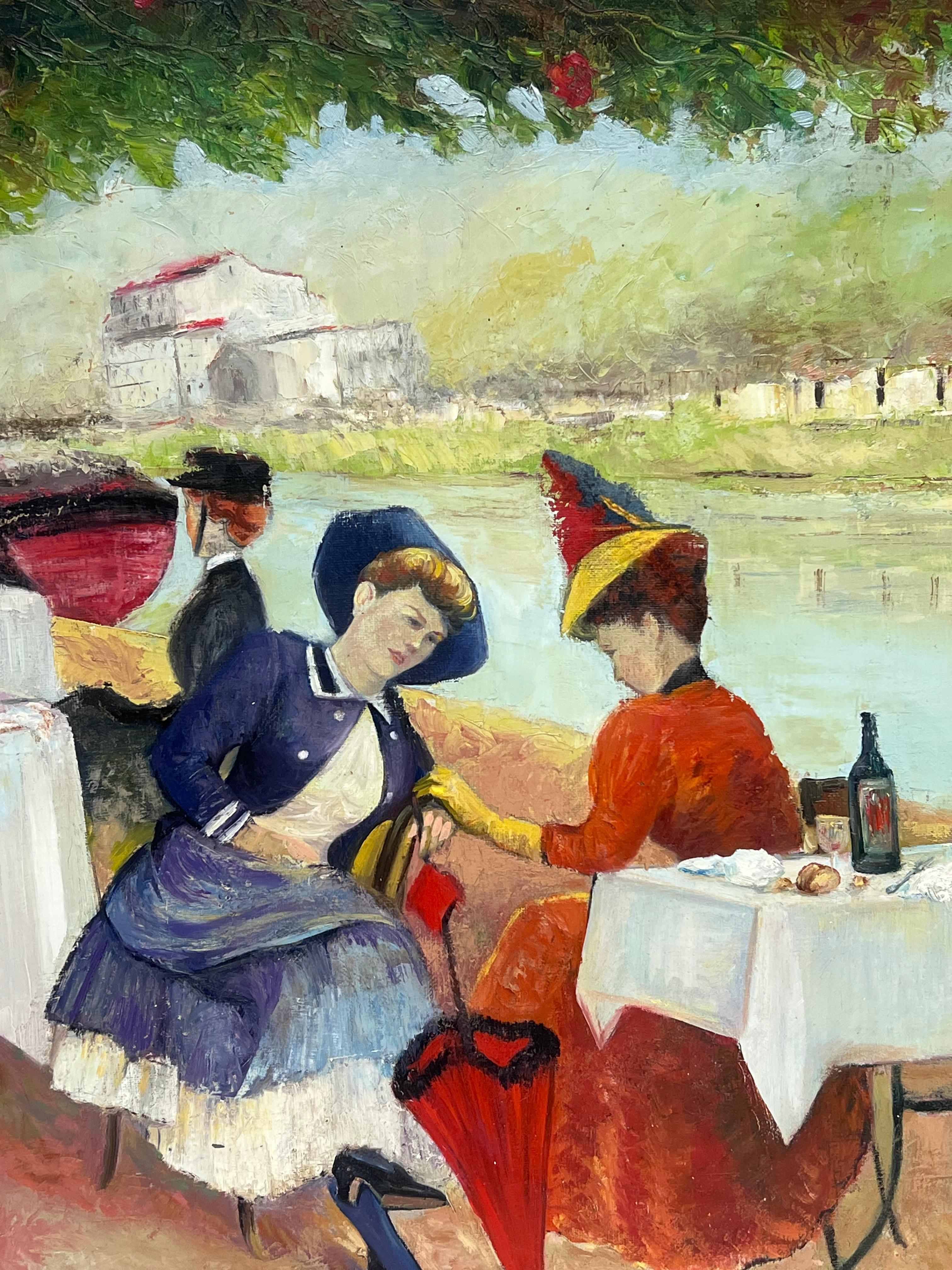 Elegant Parisian Figures Enjoying Open Air Riverside Cafe Antique French Oil - French School Painting by French Belle Epoque