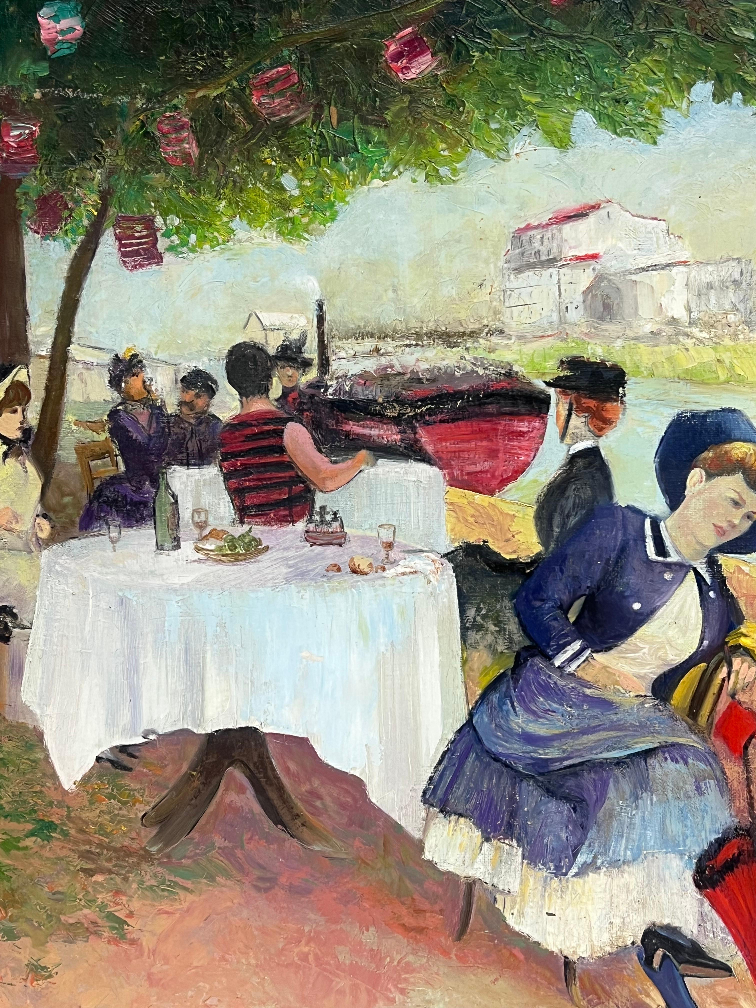 Elegant Parisian Figures Enjoying Open Air Riverside Cafe Antique French Oil - Brown Landscape Painting by French Belle Epoque