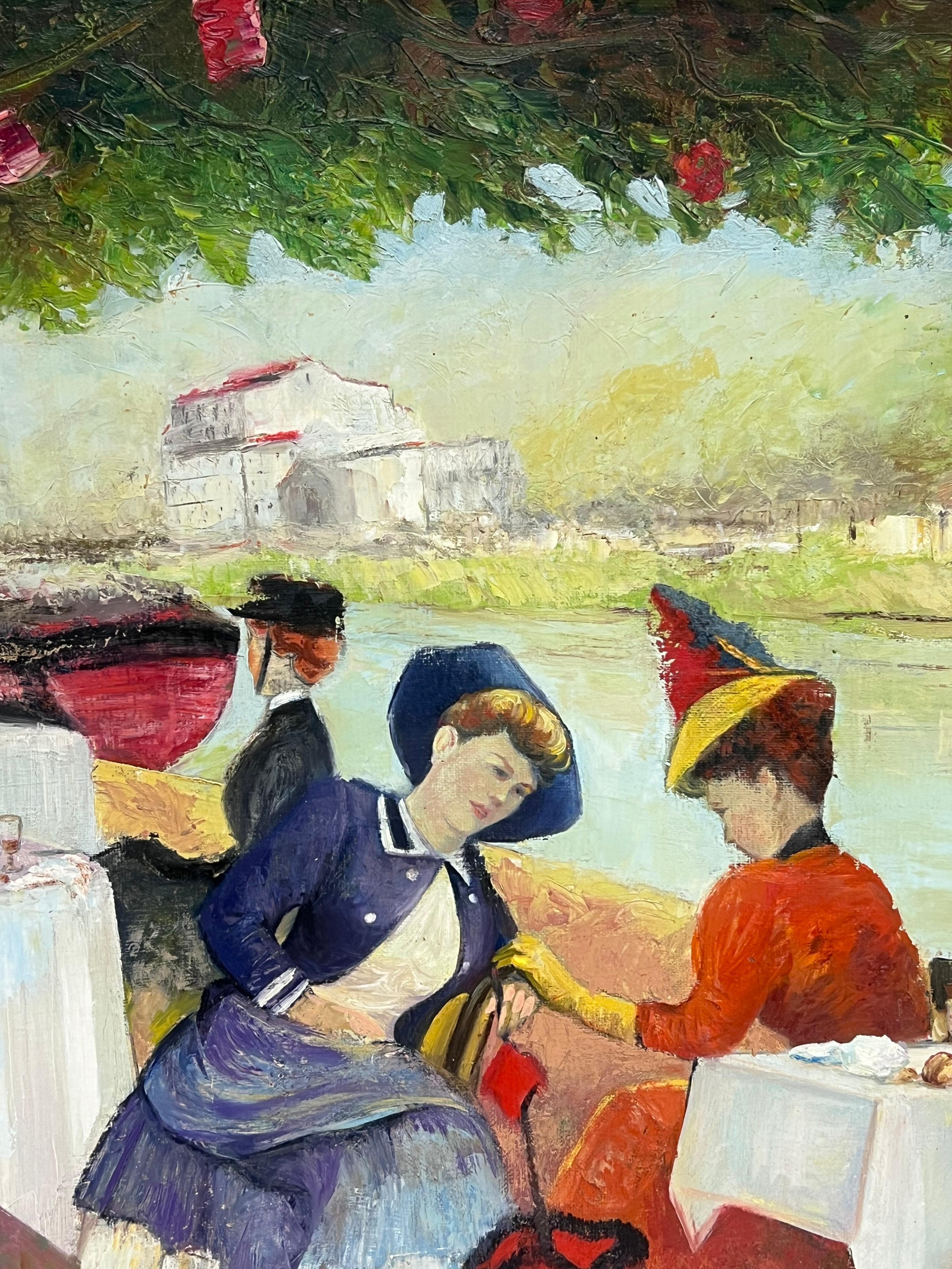Elegant Parisian Figures Enjoying Open Air Riverside Cafe Antique French Oil For Sale 1