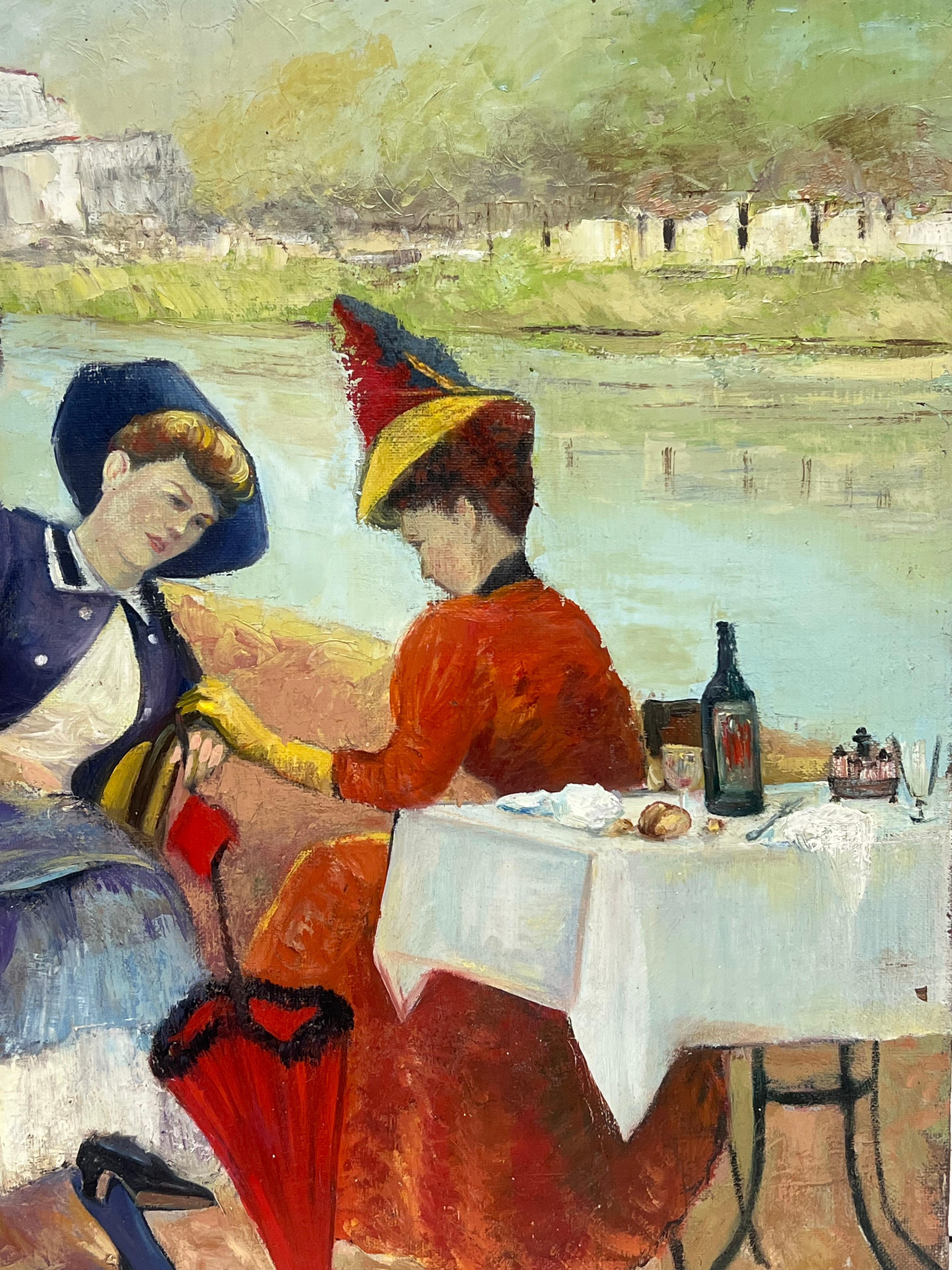 Elegant Parisian Figures Enjoying Open Air Riverside Cafe Antique French Oil For Sale 2