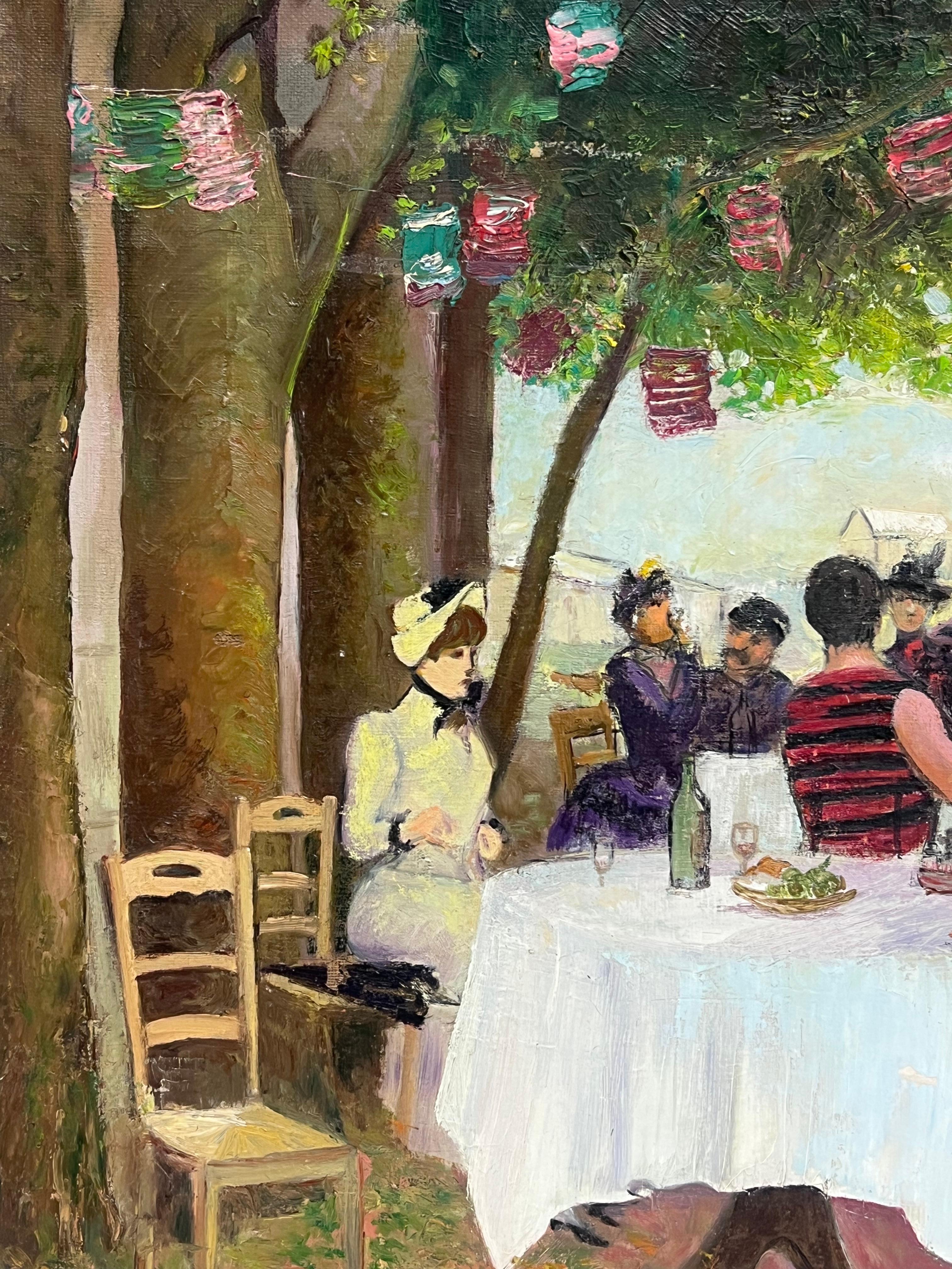 Elegant Parisian Figures Enjoying Open Air Riverside Cafe Antique French Oil For Sale 3