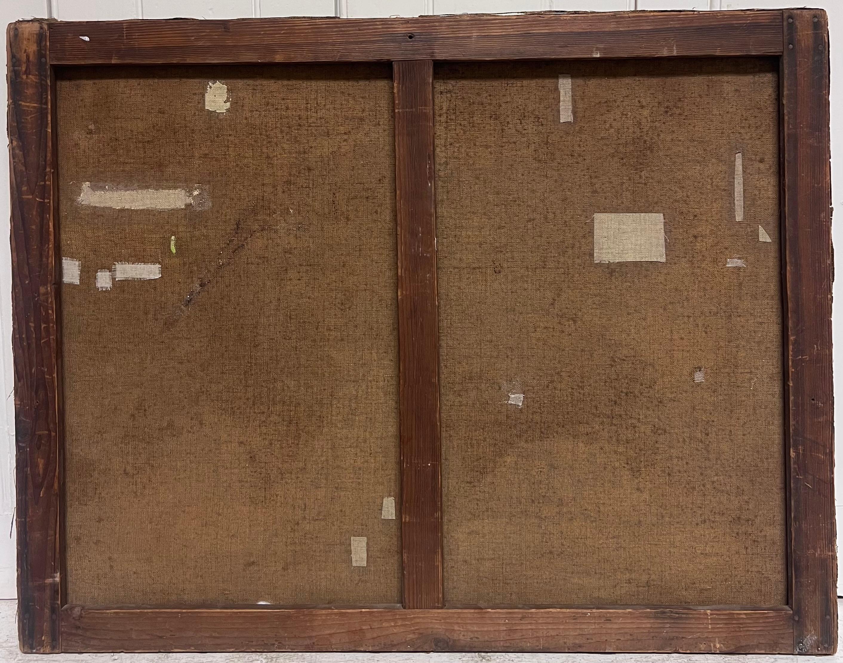 Elegant Parisian Figures Enjoying Open Air Riverside Cafe Antique French Oil For Sale 4