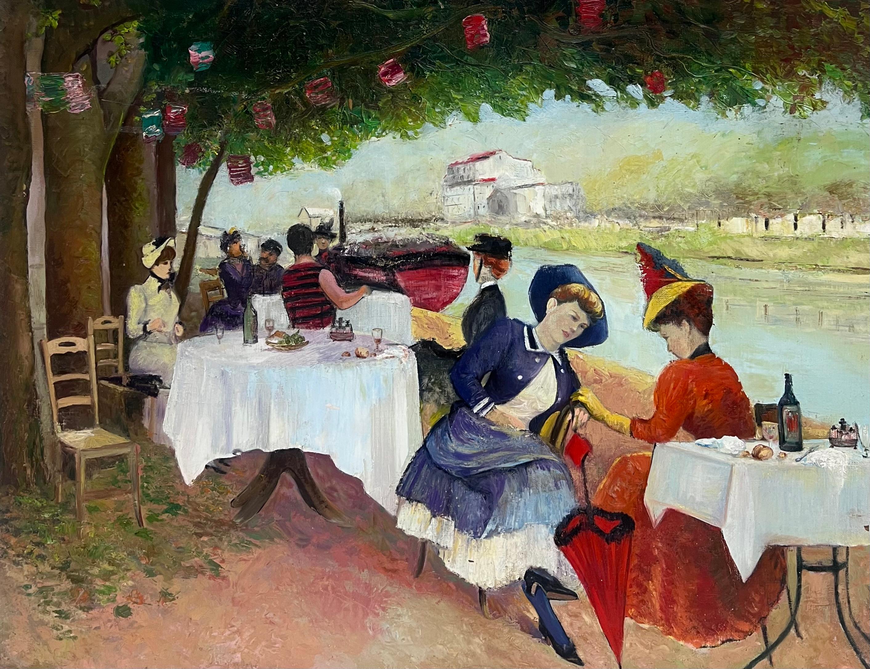 French Belle Epoque Landscape Painting - Elegant Parisian Figures Enjoying Open Air Riverside Cafe Antique French Oil