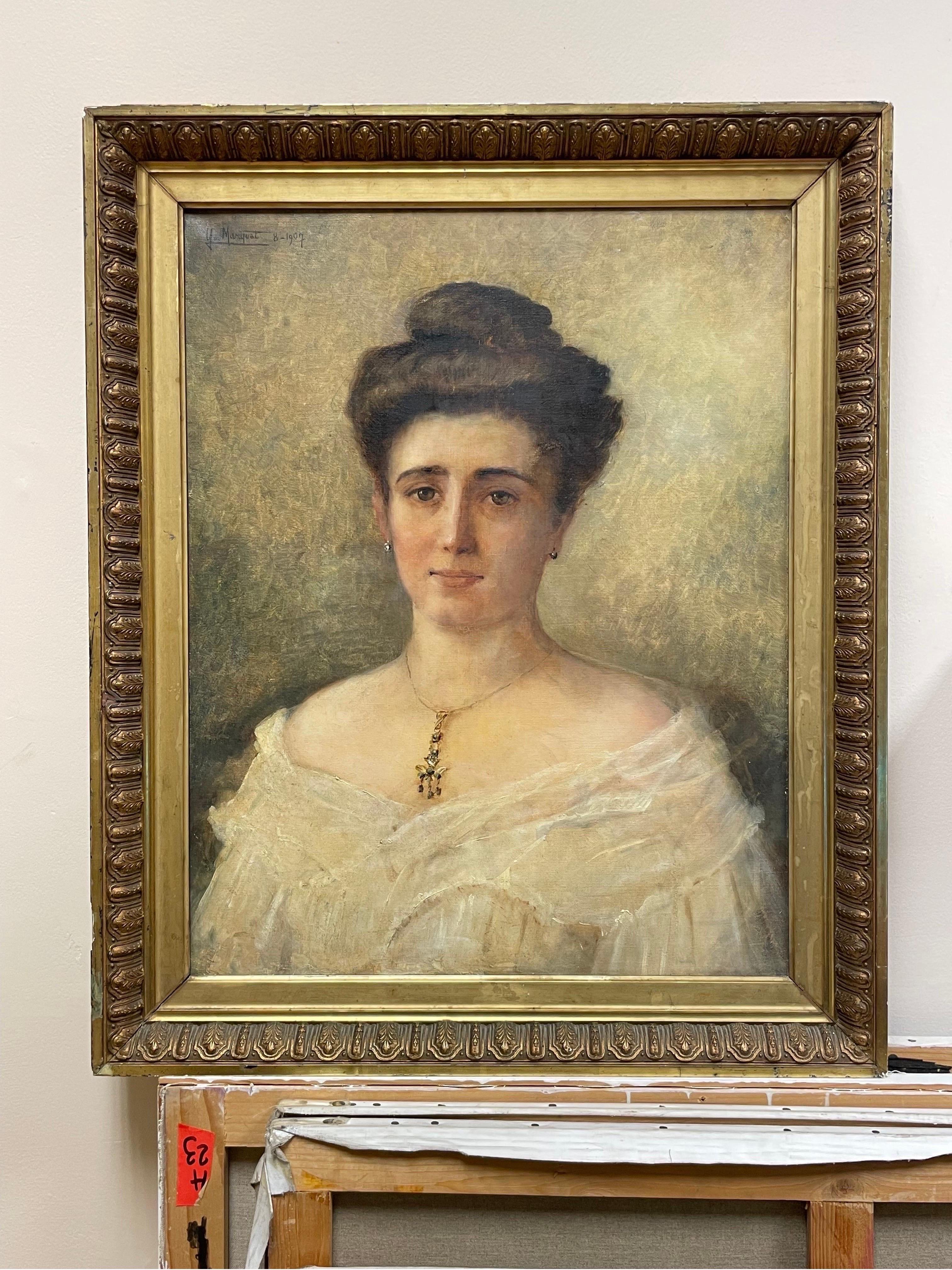 Schönes französisches Damenporträt aus der Belle Epoque um 1900, signiert und datiert in Öl – Painting von French Belle Epoque