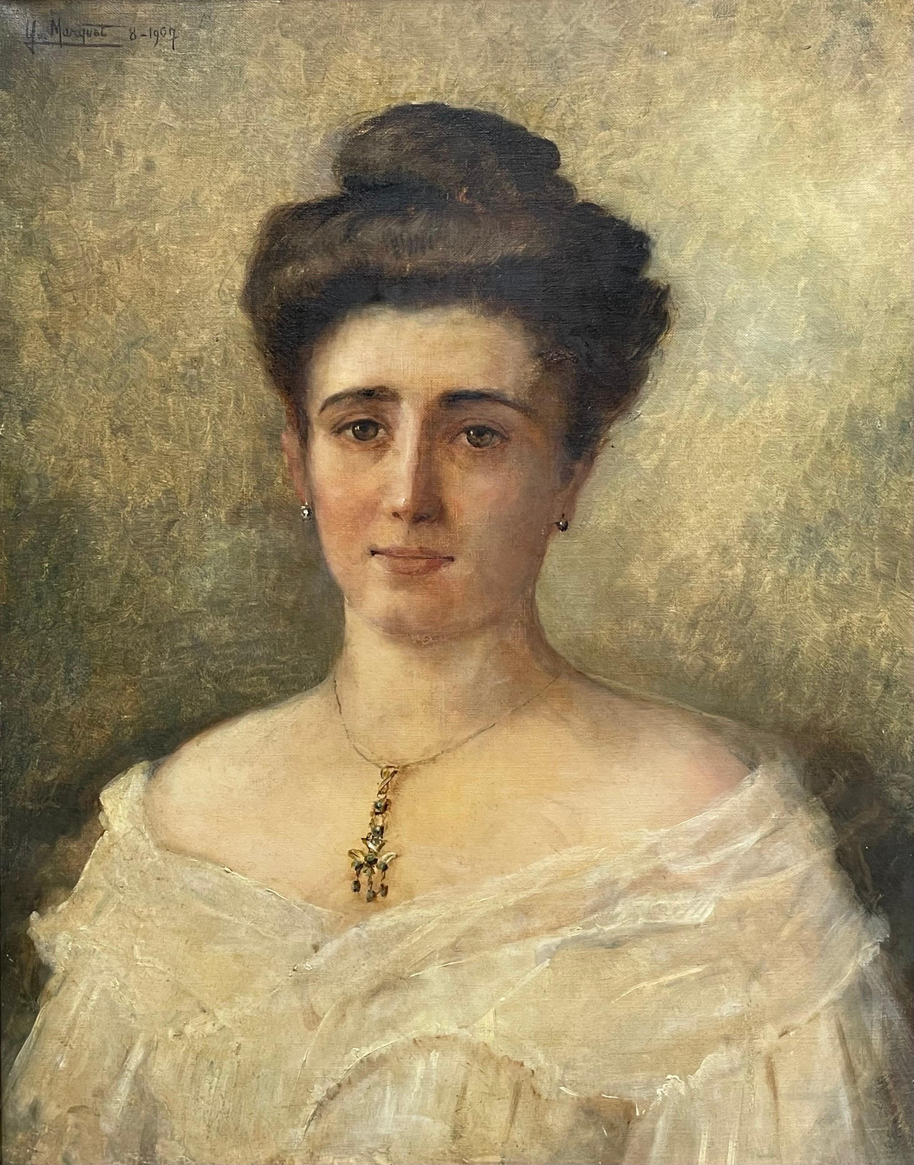 Retrato de dama del periodo French Belle Epoque de 1900, óleo firmado y fechado en venta 2