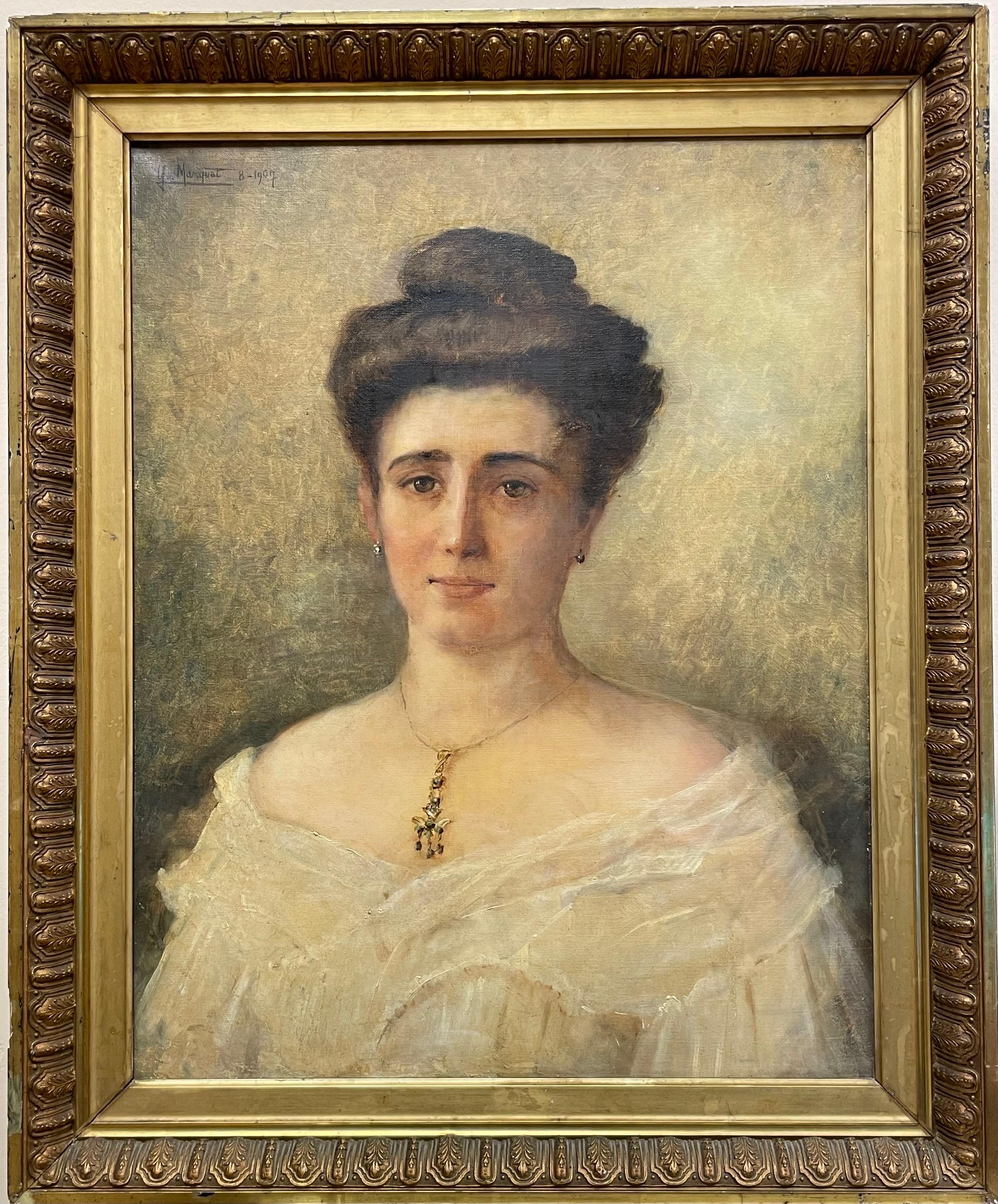 French Belle Epoque Portrait Painting – Schönes französisches Damenporträt aus der Belle Epoque um 1900, signiert und datiert in Öl
