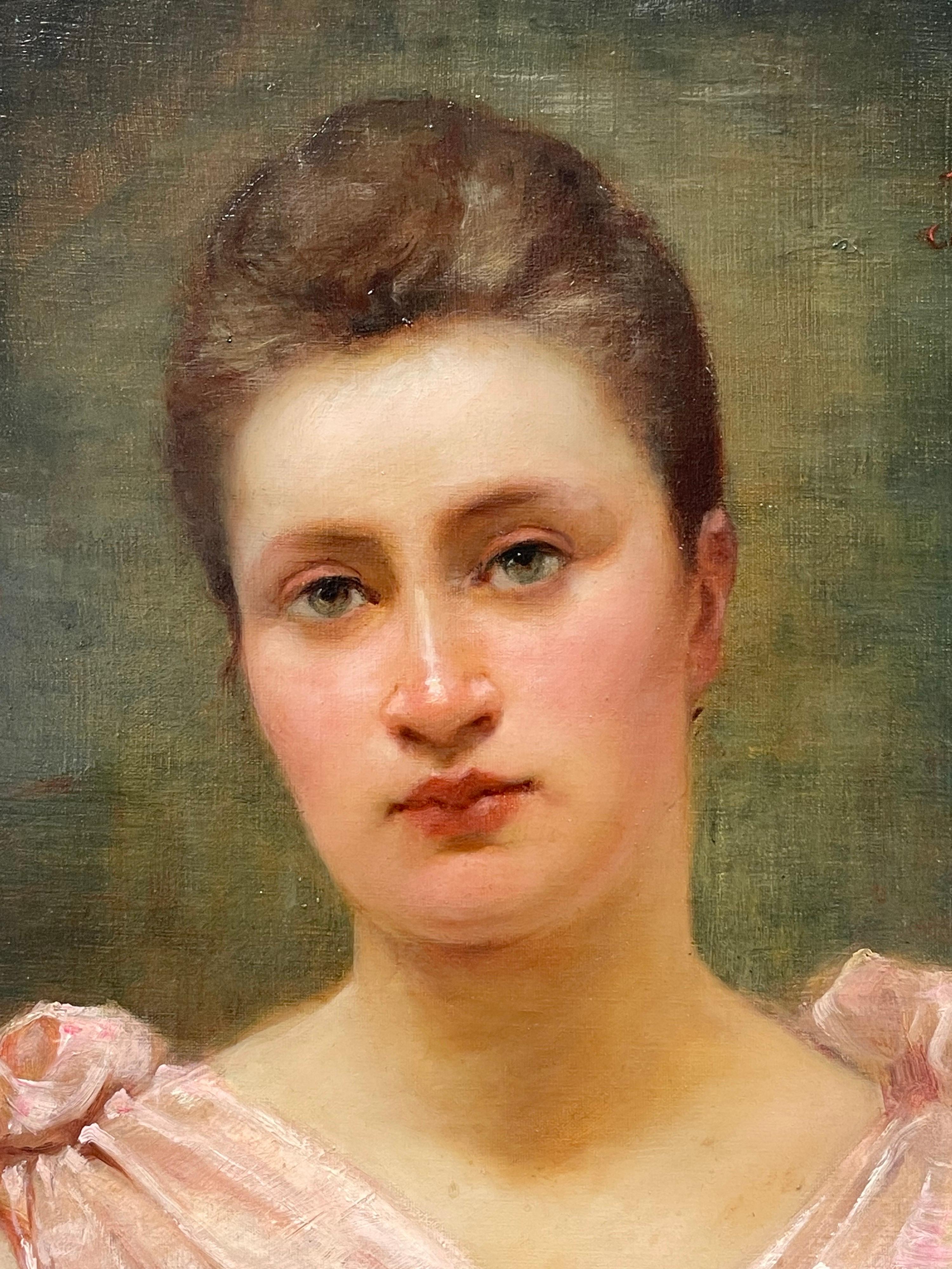 Portrait of a Lady in Pink
French School, indistinctly signed upper right corner
dated 1893
oil painting on canvas, unframed
canvas: 24 x 19.75 inches

condition: very good, a few light age related scuffs around the edges which would cover with a