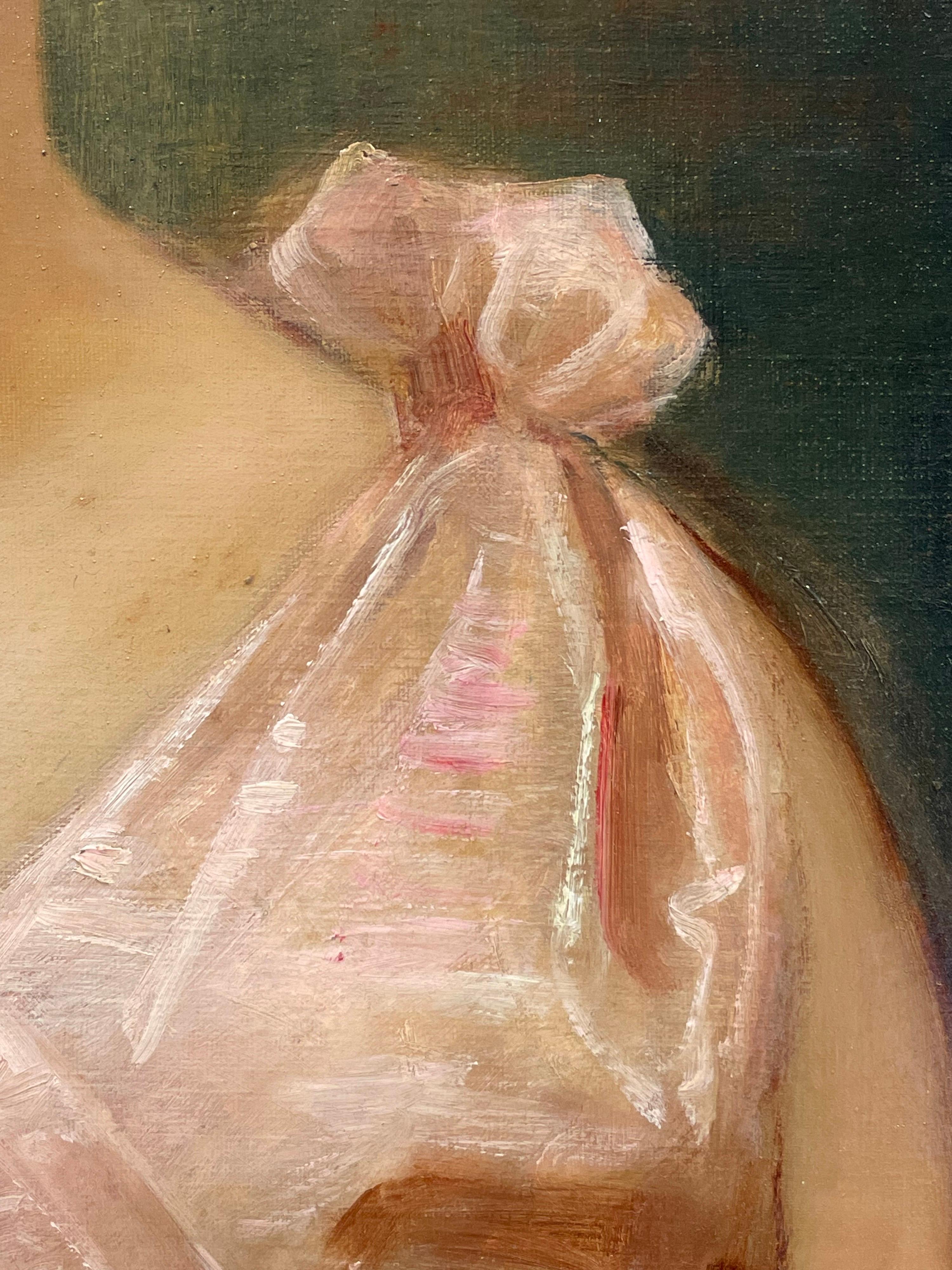Original 1890s French Belle Epoque Period Signed Oil Portrait Lady in Pink Dress For Sale 2