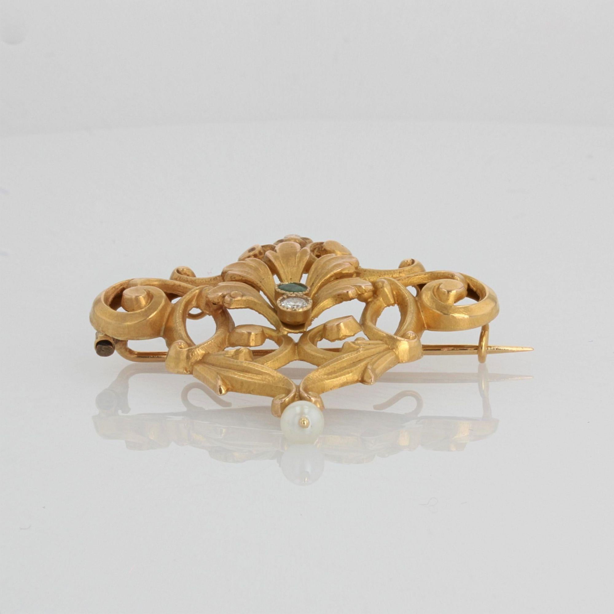 French Belle Époque Pearl Emerald Diamond 18 Karat Yellow Gold Brooch Pendant 6