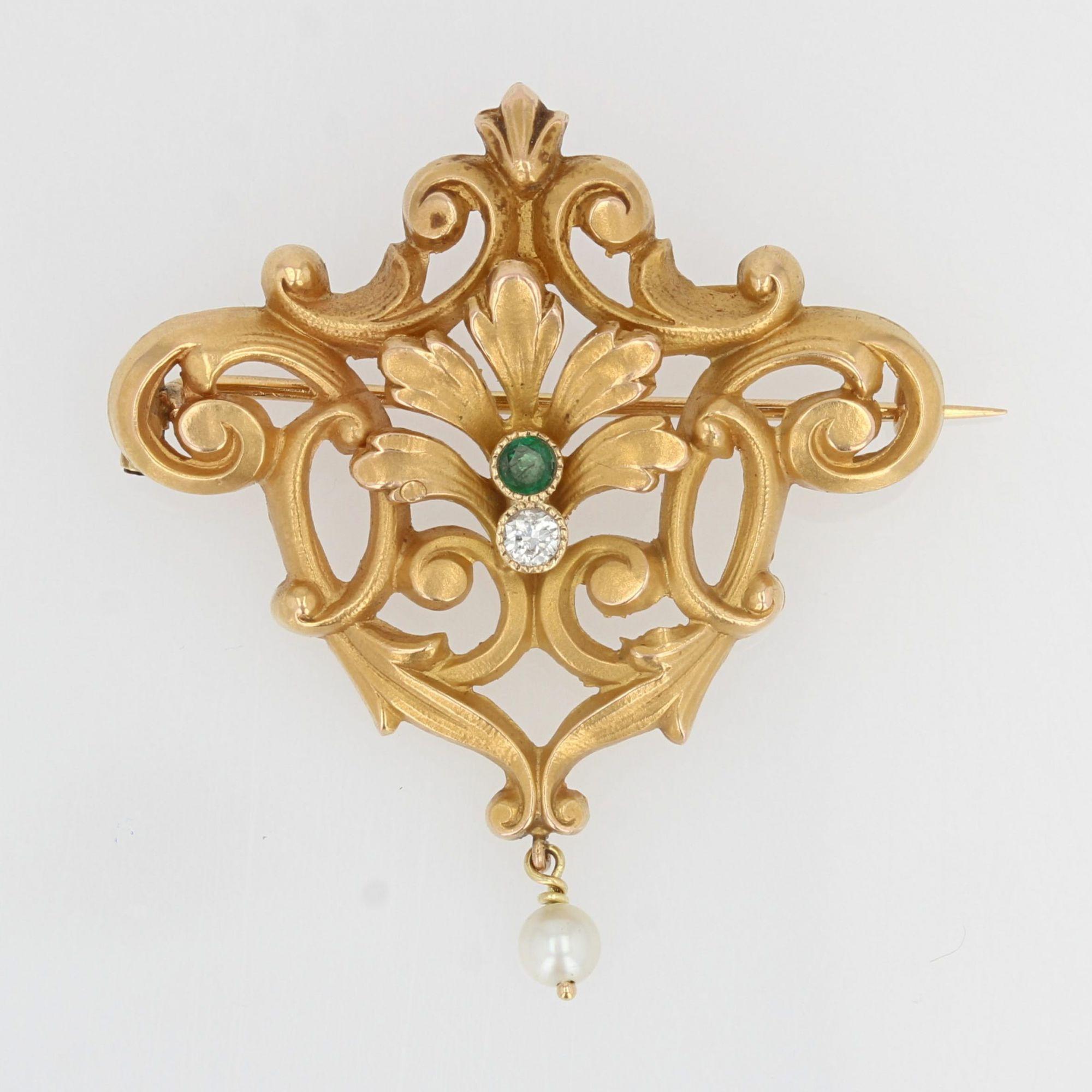 Round Cut French Belle Époque Pearl Emerald Diamond 18 Karat Yellow Gold Brooch Pendant