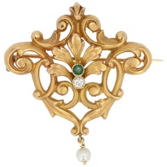 French Belle Époque Pearl Emerald Diamond 18 Karat Yellow Gold Brooch Pendant