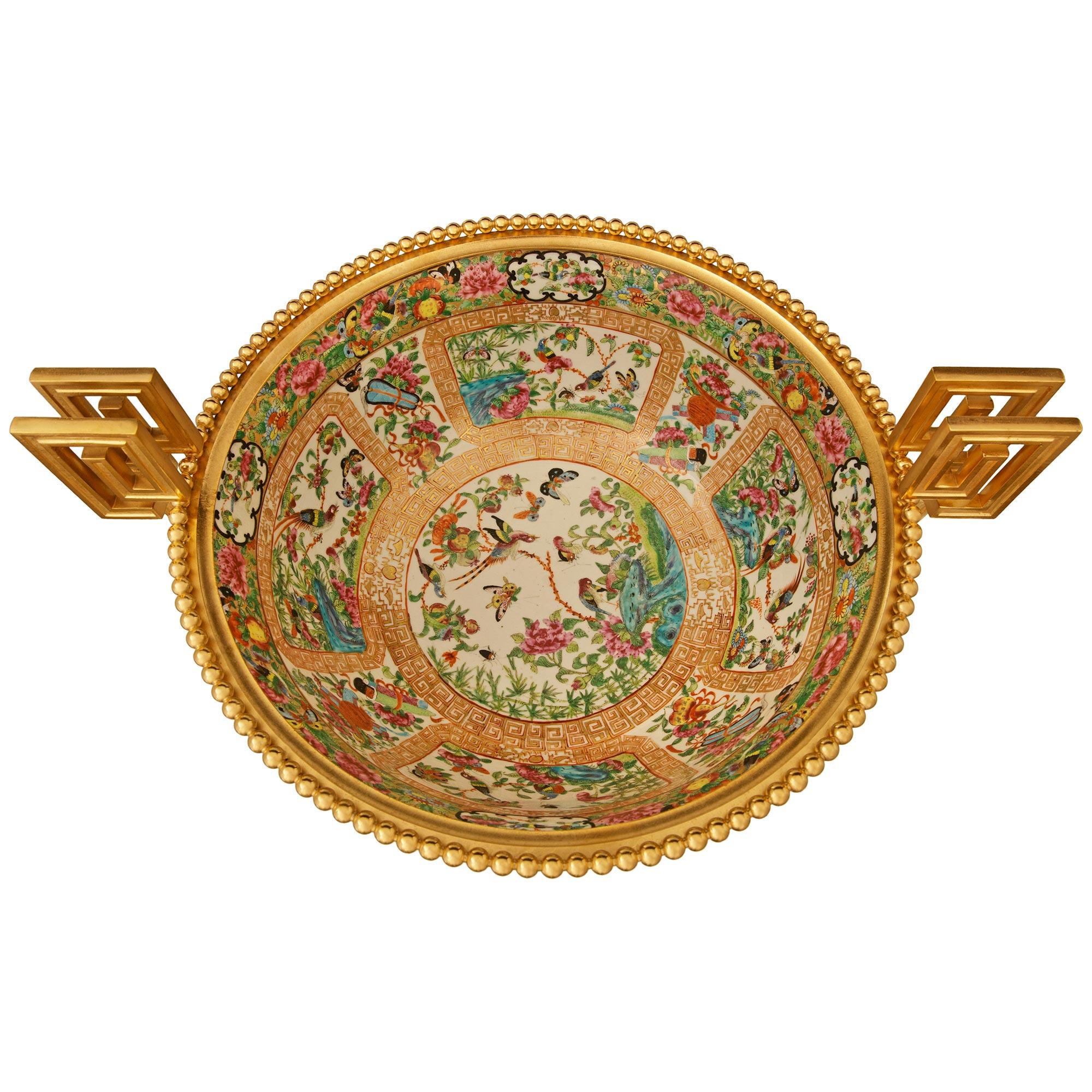 French Belle Epoque Period Famille Rose Porcelain and Ormolu centerpiece urn For Sale 6