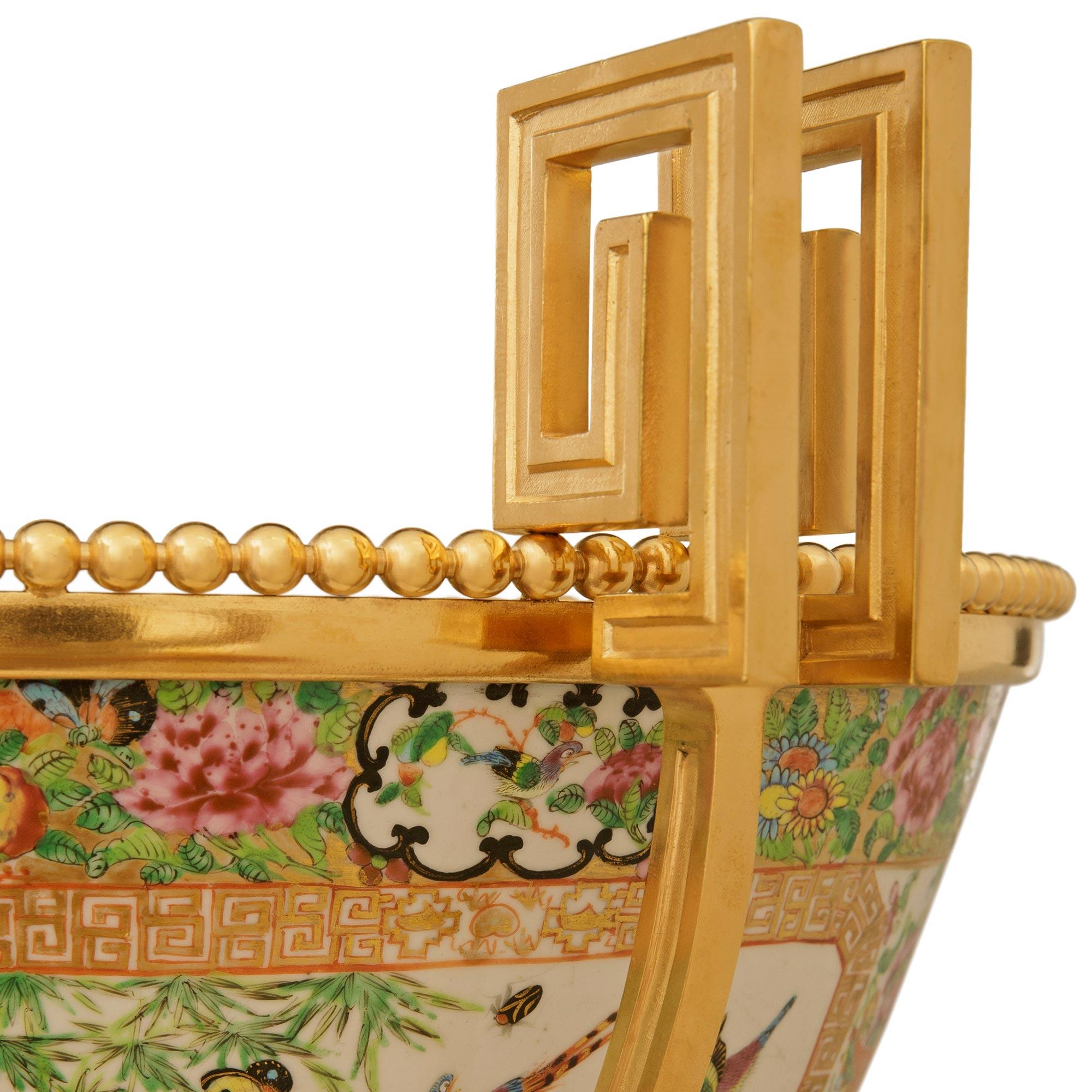 French Belle Epoque Period Famille Rose Porcelain and Ormolu centerpiece urn For Sale 3