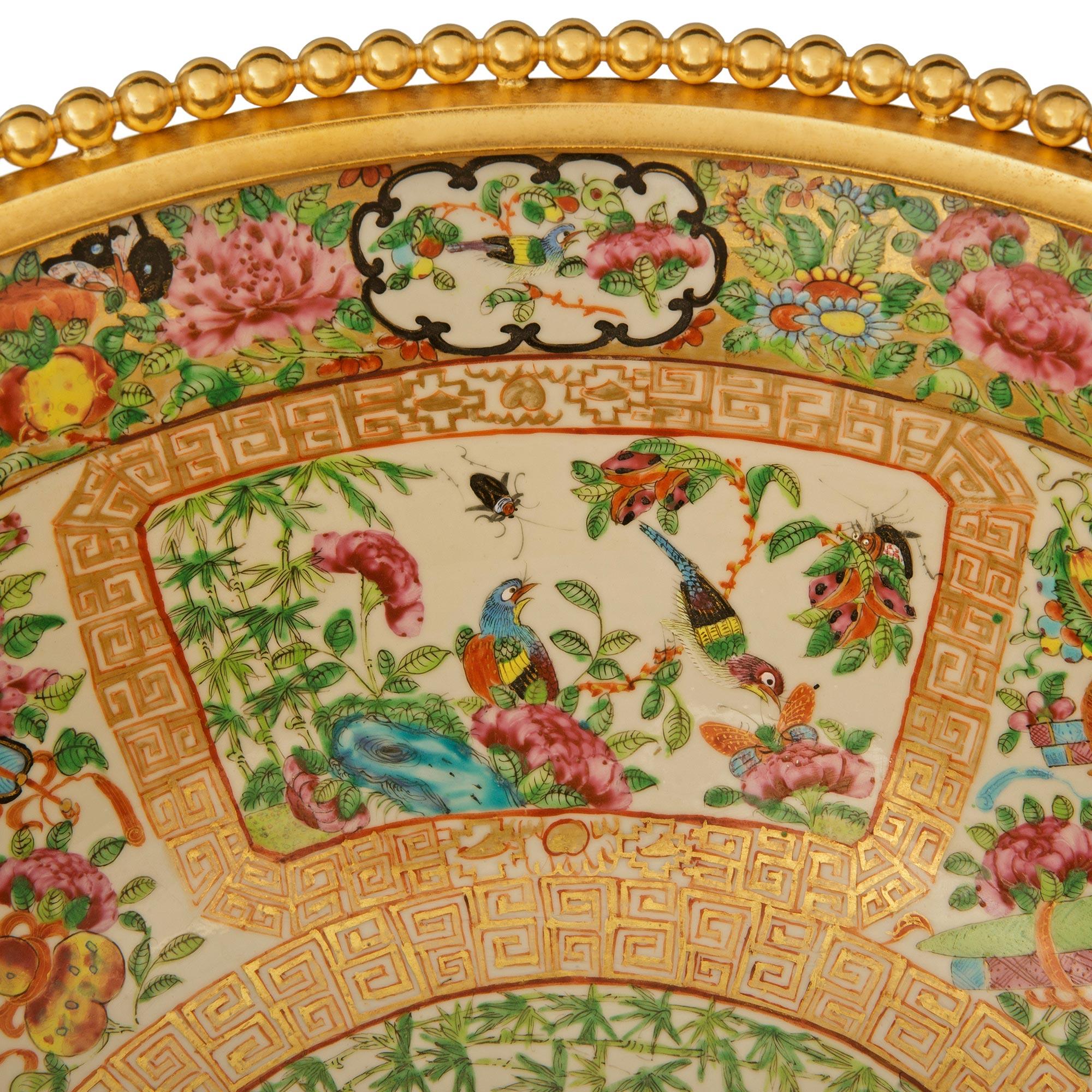 French Belle Epoque Period Famille Rose Porcelain and Ormolu centerpiece urn For Sale 4
