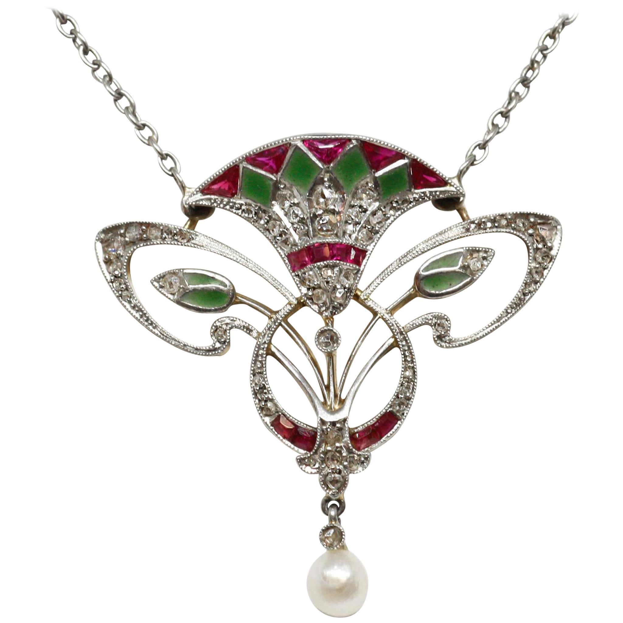 French Belle Époque Platinum Gold Diamond Ruby Enamel Egyptomania Pendant For Sale