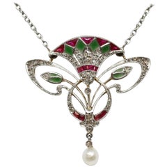 French Belle Époque Platinum Gold Diamond Ruby Enamel Egyptomania Pendant