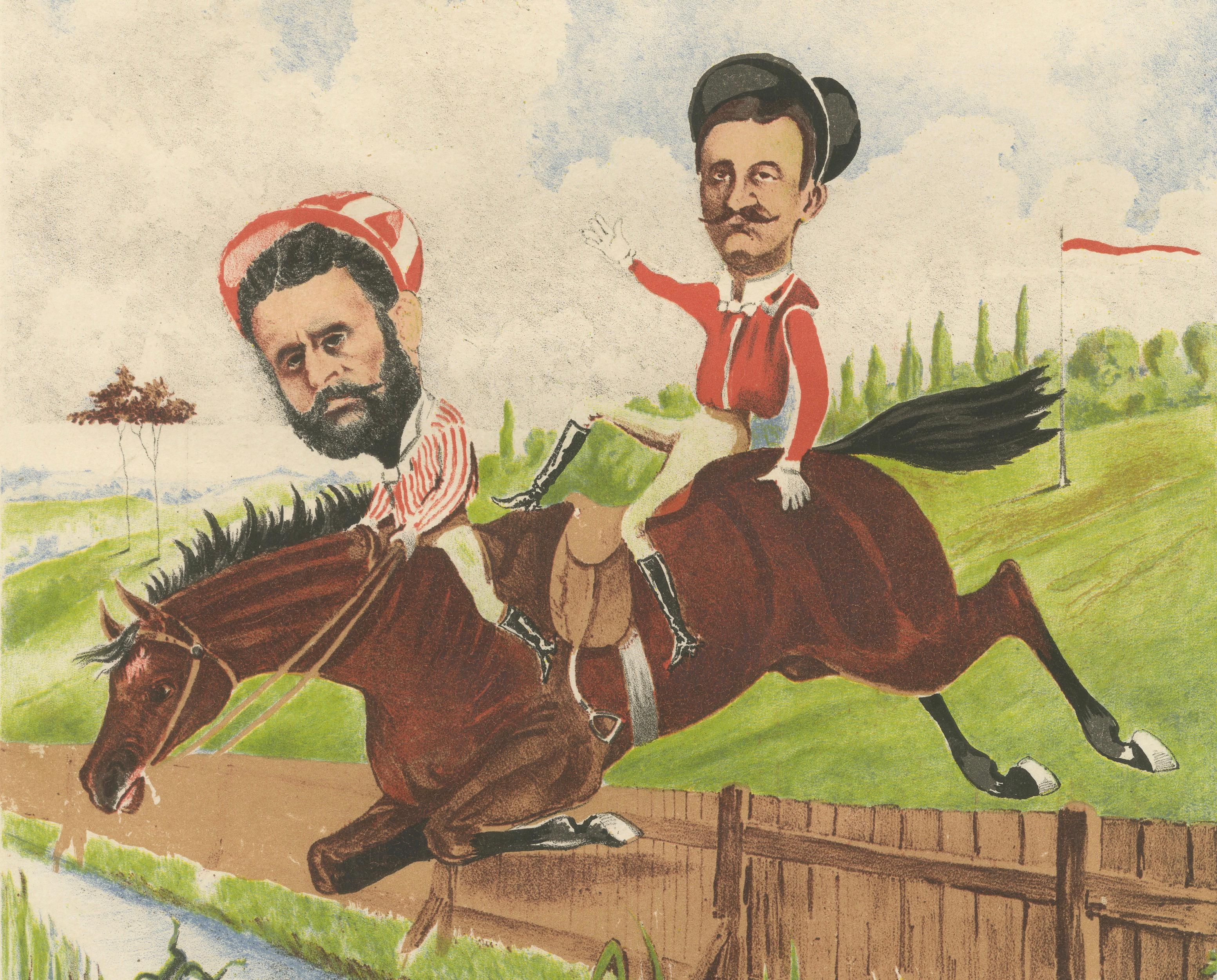 French Belle Époque Racing Caricature, Baron de Roche Taillée & Lamotte, 1884