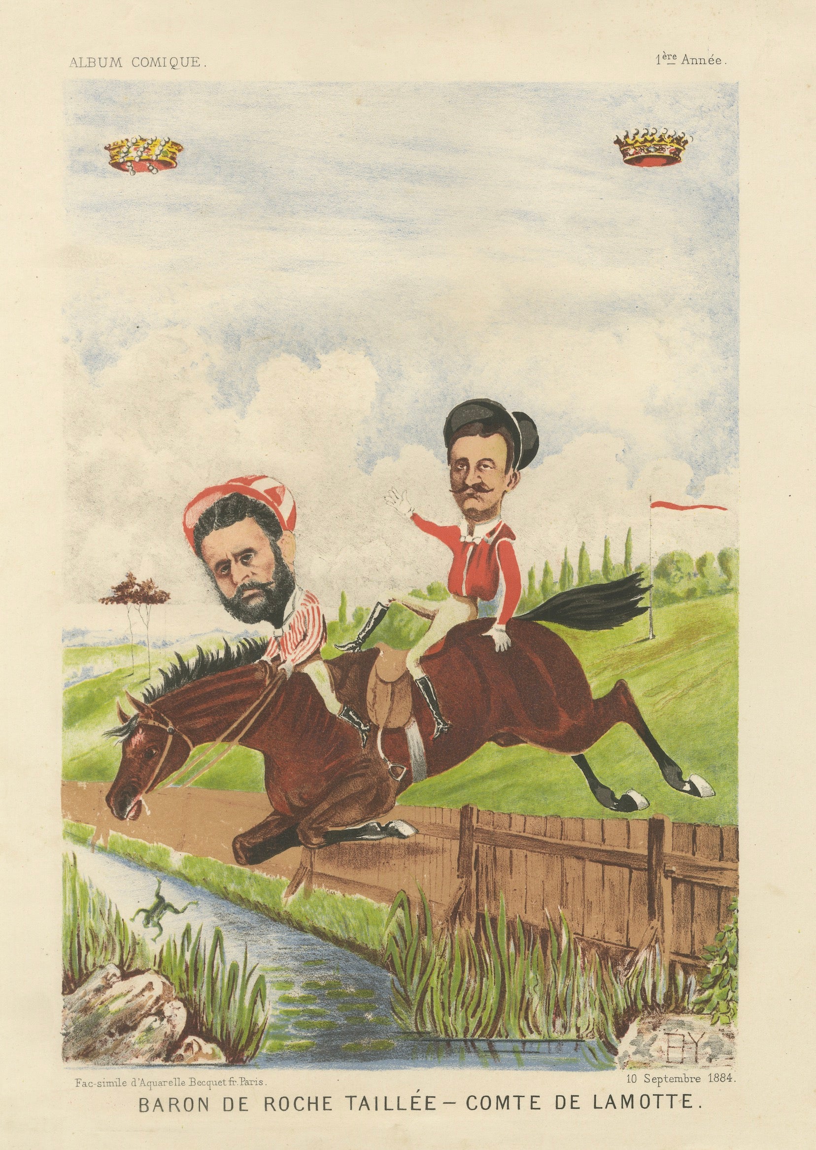 French Belle Époque Racing Caricature, Baron de Roche Taillée & Lamotte, 1884