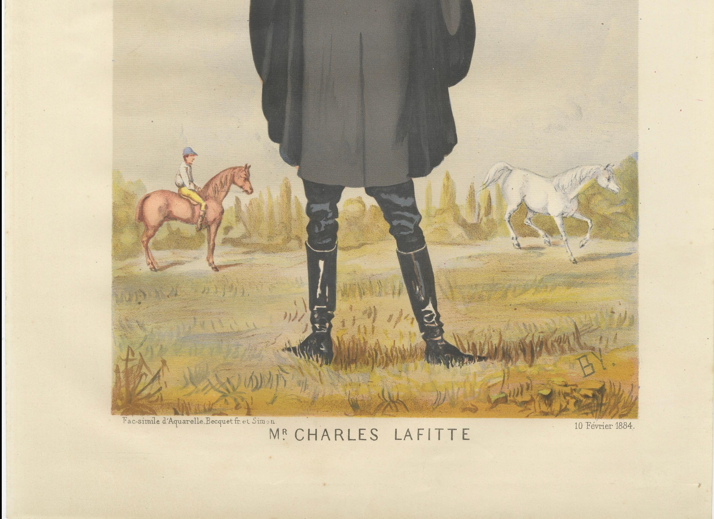 French Belle Époque Racing Caricature, Mr Charles Lafitte Chromolithograph, 1884