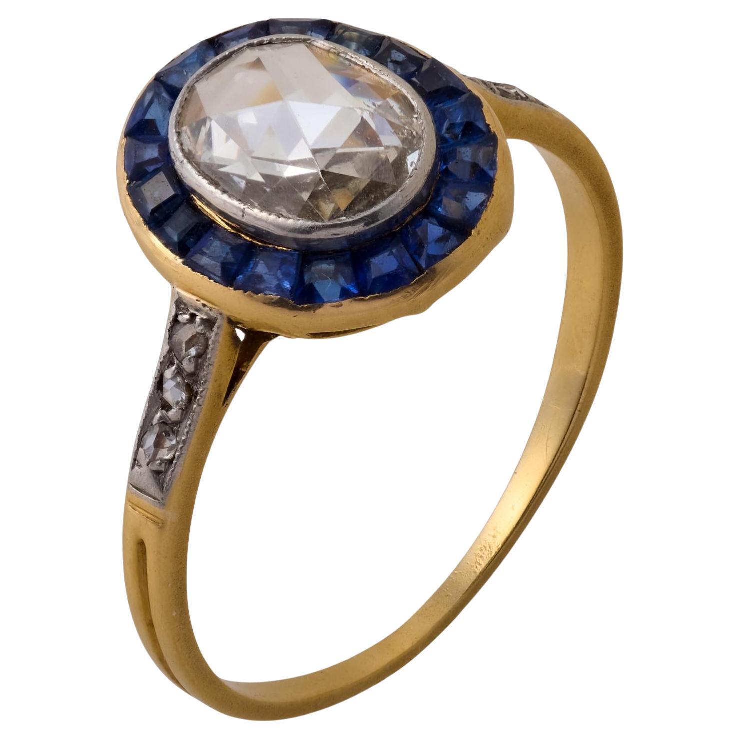 Bague de fiançailles française Belle Époque en or jaune 18 carats, diamant taille rose et saphir