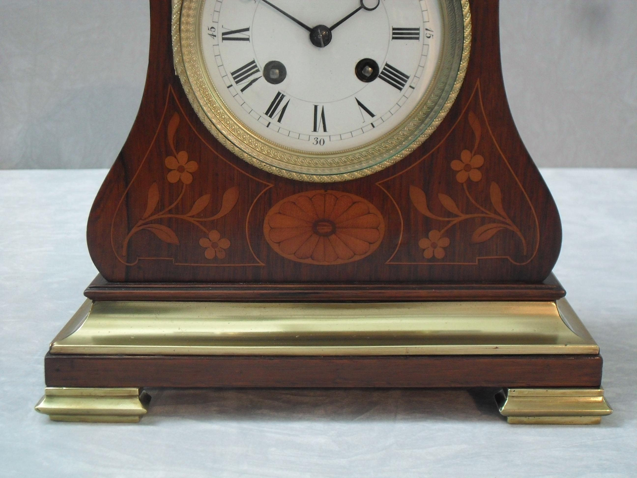 Inlay French Belle Époque Rosewood Inlaid Mantel Clock by A.D Mougin For Sale