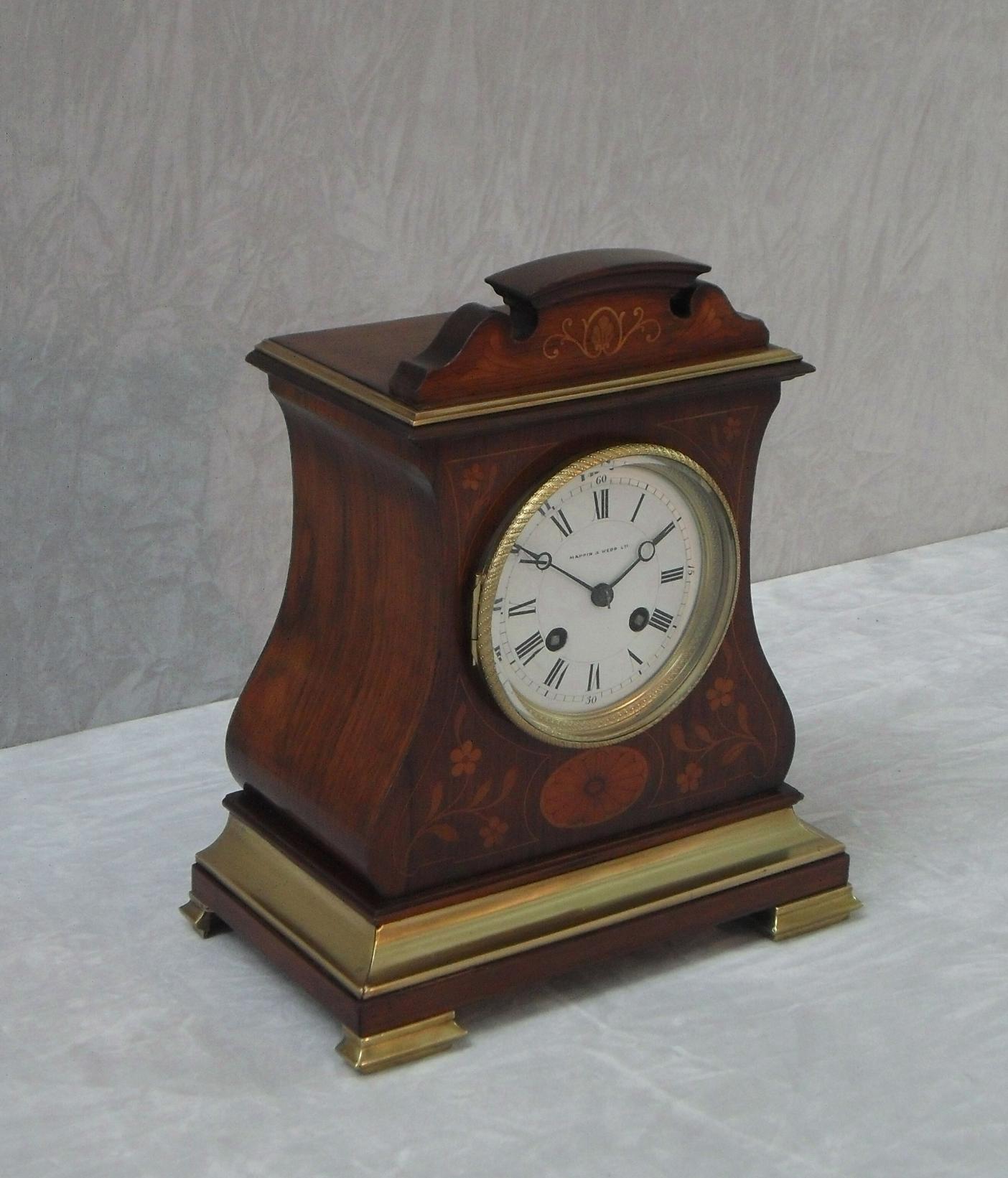 French Belle Époque Rosewood Inlaid Mantel Clock by A.D Mougin In Good Condition For Sale In Macclesfield, GB