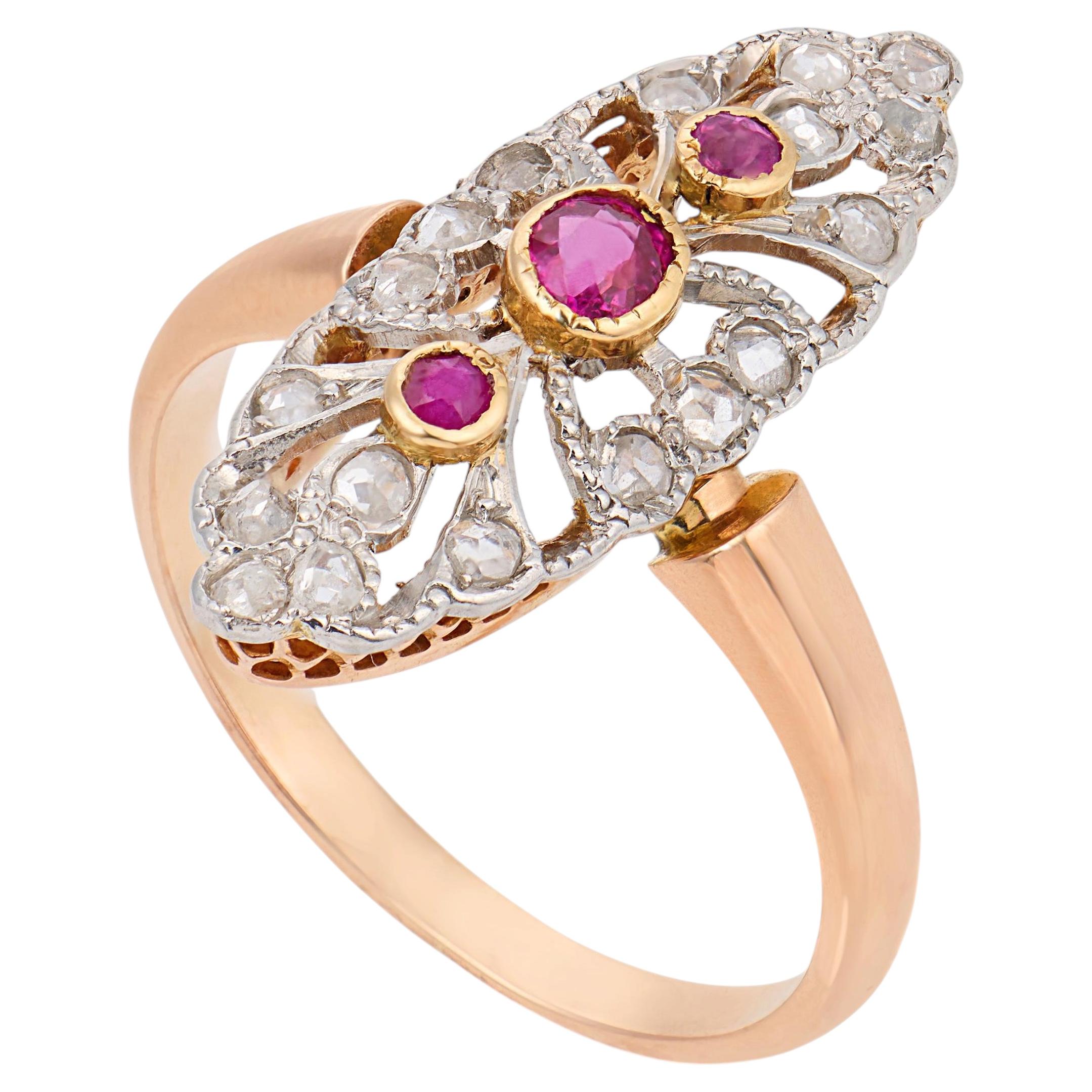 French Belle Époque ruby diamond 18k rose gold Navette ring