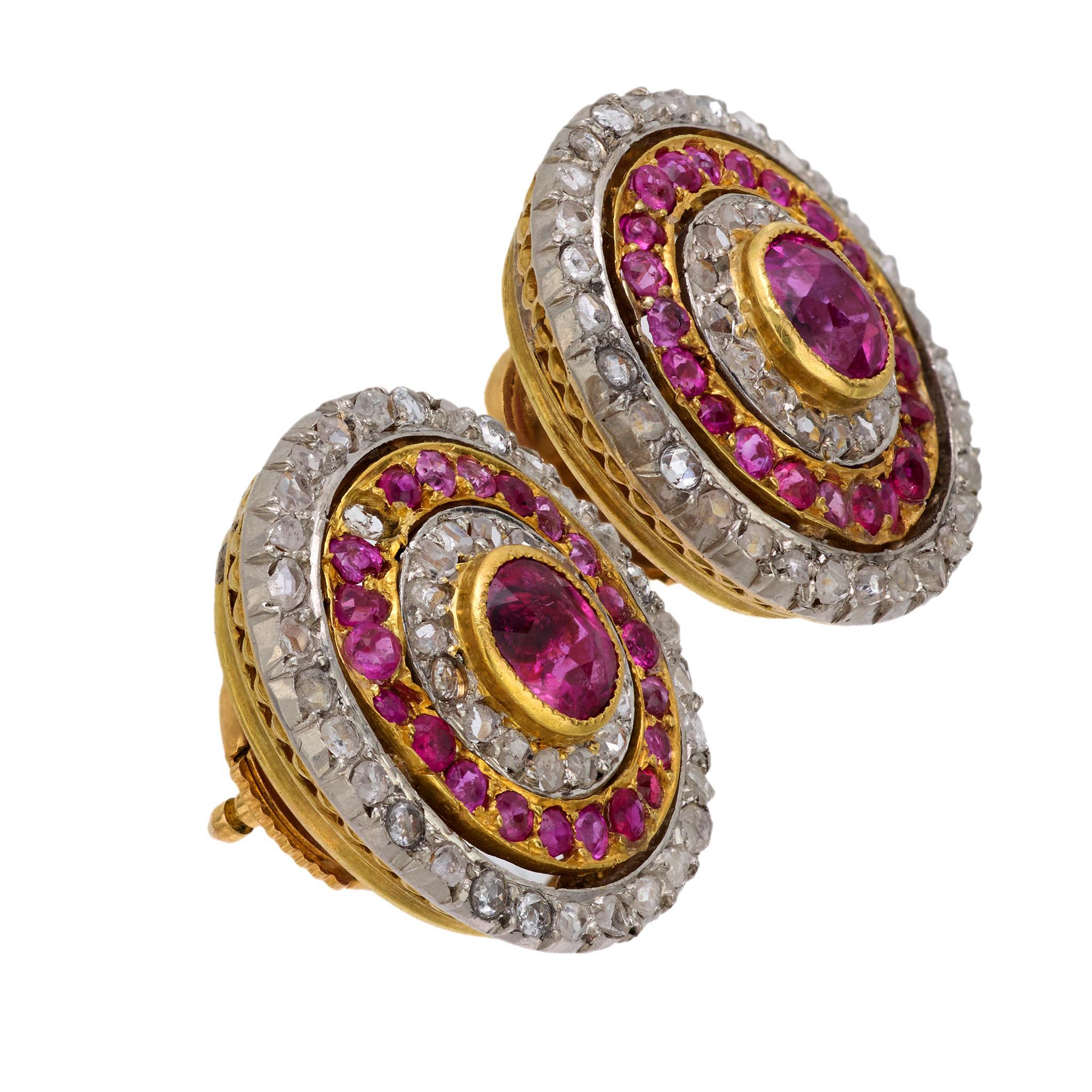Belle Époque French belle Epoque ruby diamond 18k yellow gold and platinum cluster earrings For Sale