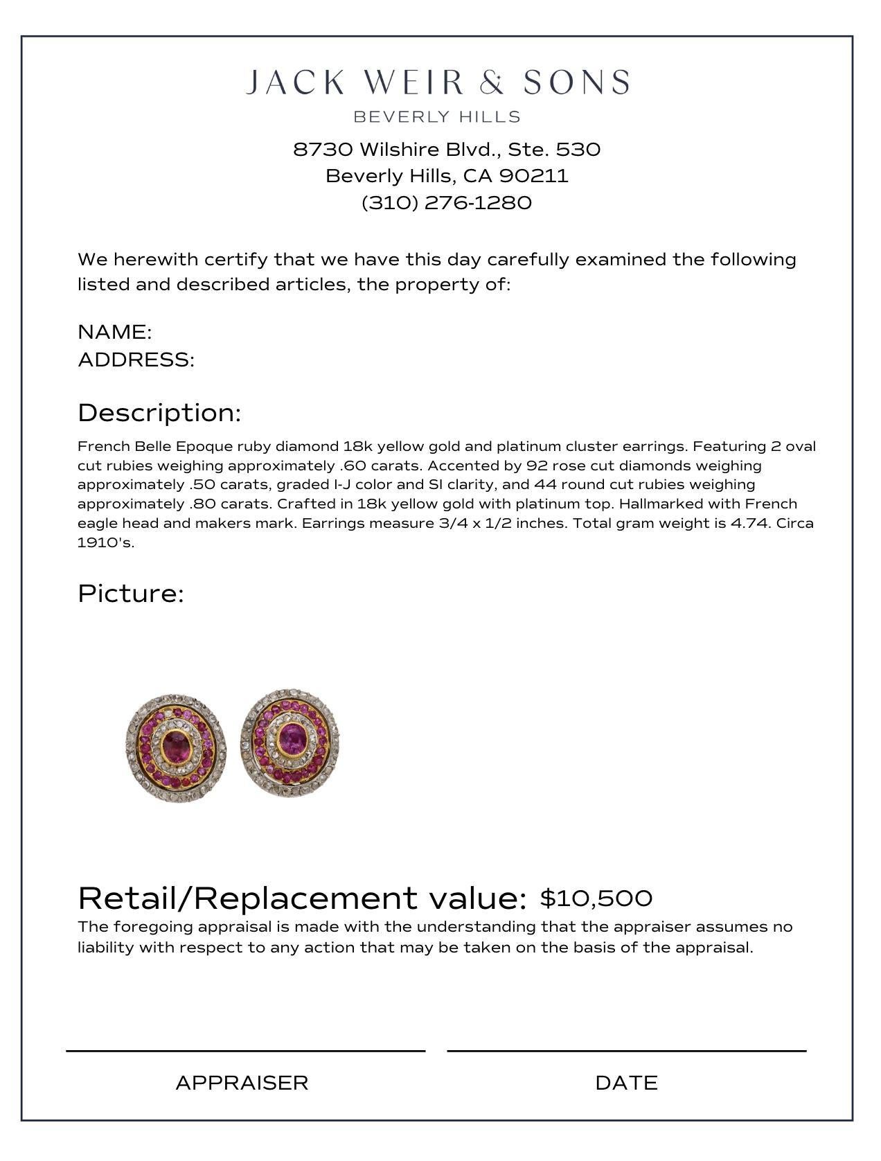 Oval Cut French belle Epoque ruby diamond 18k yellow gold and platinum cluster earrings For Sale