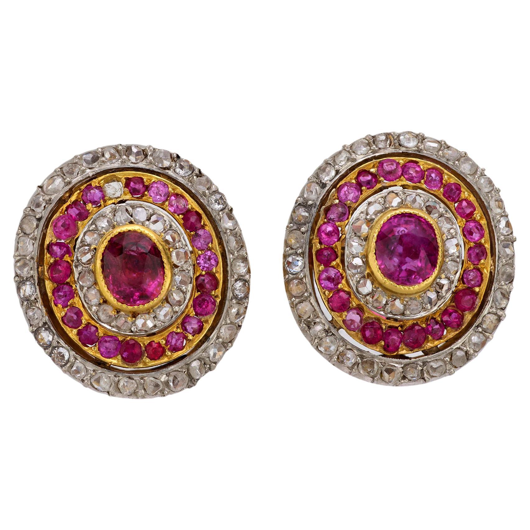 French belle Epoque ruby diamond 18k yellow gold and platinum cluster earrings