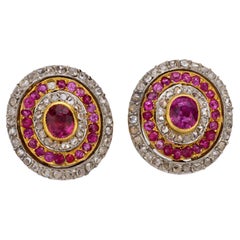 French belle Epoque ruby diamond 18k yellow gold and platinum cluster earrings