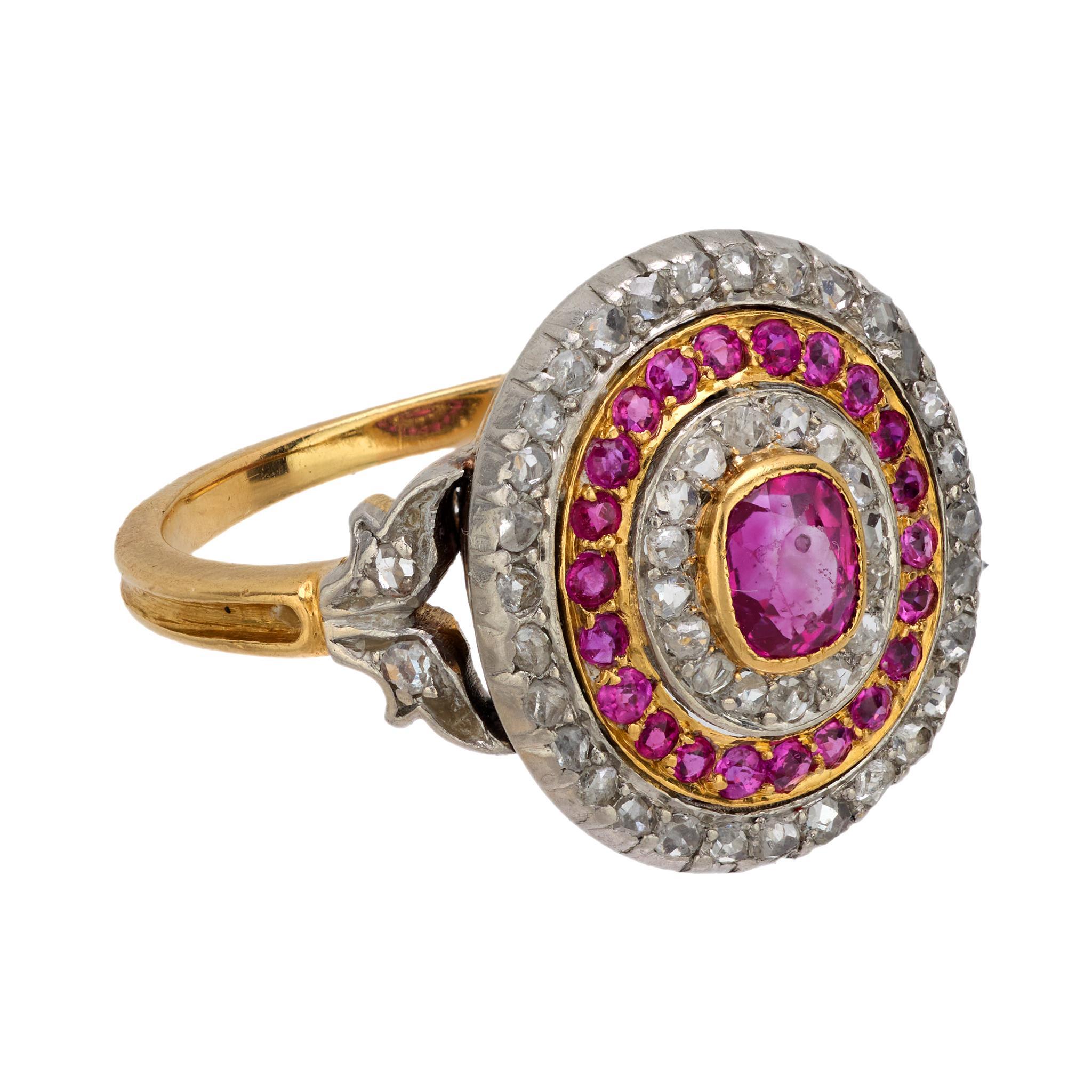 Belle Époque French Belle Epoque ruby diamond 18k yellow gold and platinum cluster ring For Sale