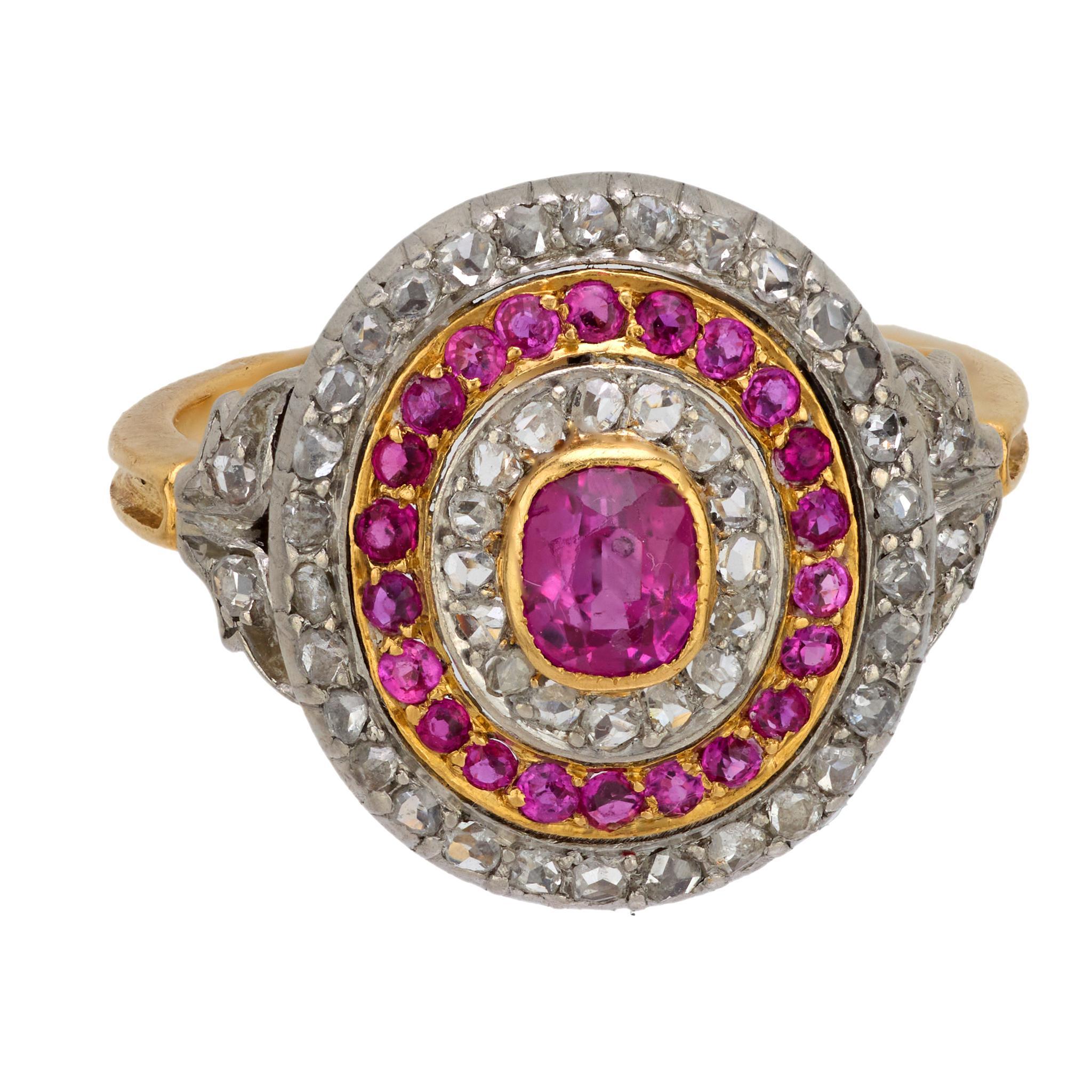 Cushion Cut French Belle Epoque ruby diamond 18k yellow gold and platinum cluster ring For Sale