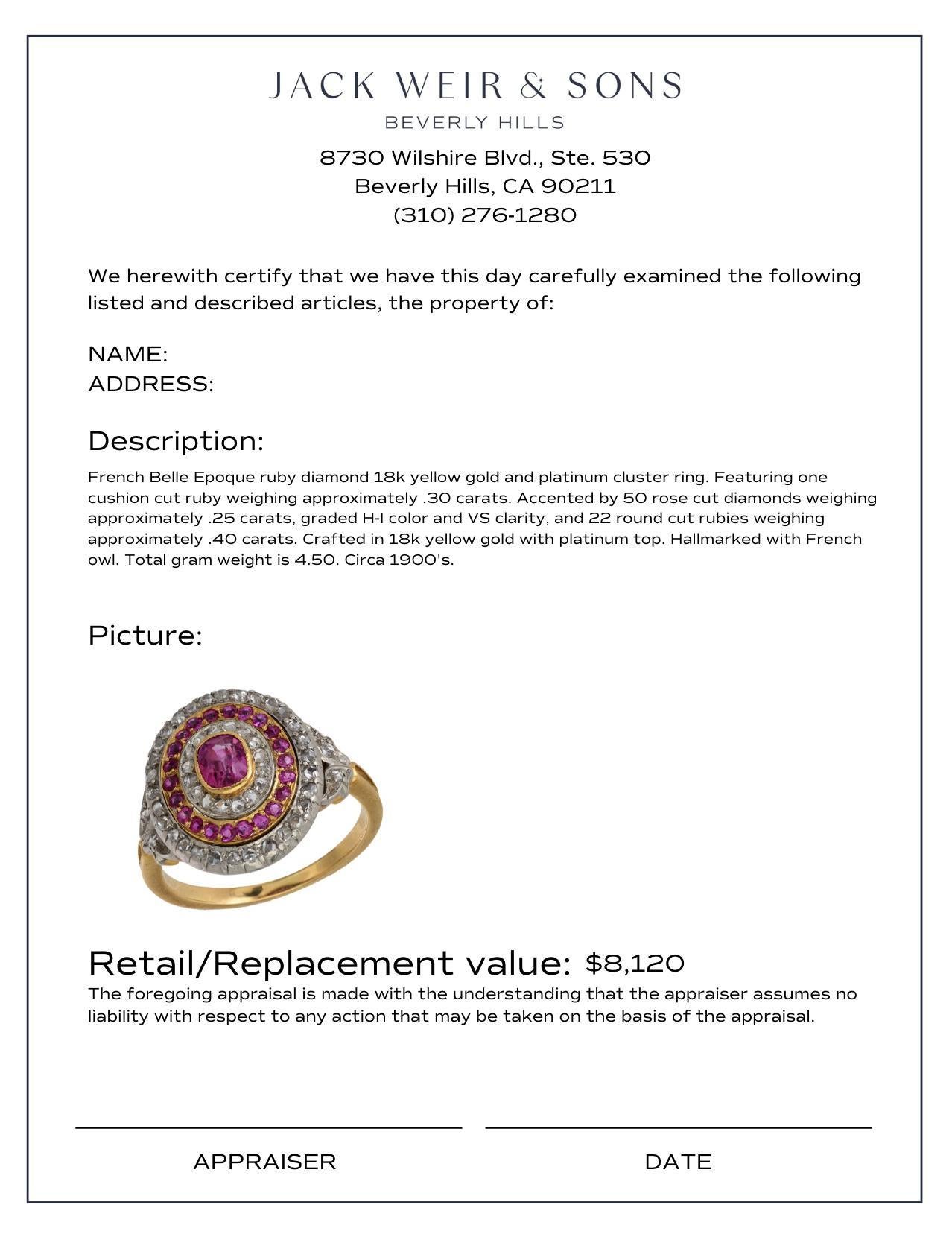 French Belle Epoque ruby diamond 18k yellow gold and platinum cluster ring In Good Condition For Sale In Beverly Hills, CA