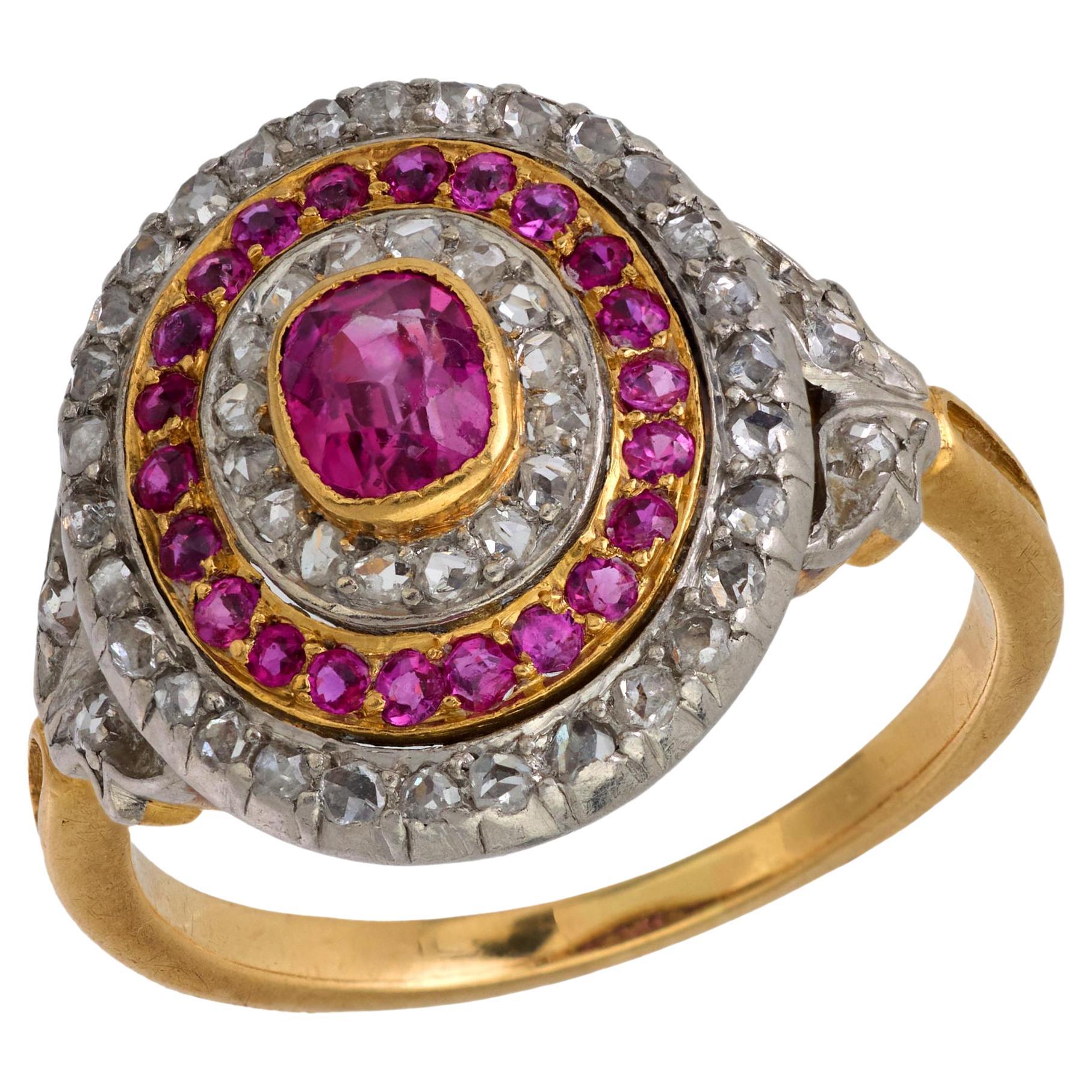 French Belle Epoque ruby diamond 18k yellow gold and platinum cluster ring For Sale