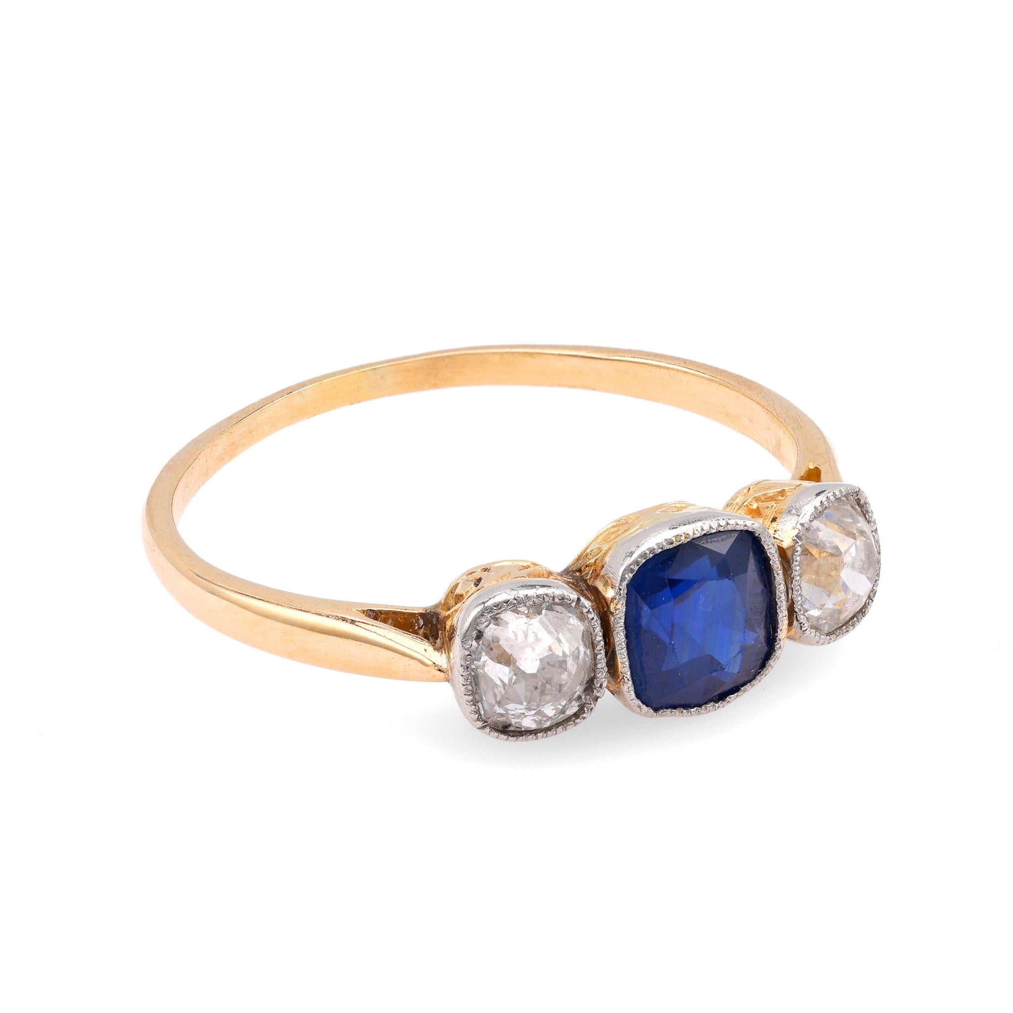 French Belle Epoque Saphir 18K Gelbgold Diamantring (Viktorianisch)
