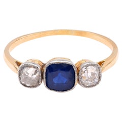French Belle Epoque Sapphire 18K Yellow Gold Diamond Ring
