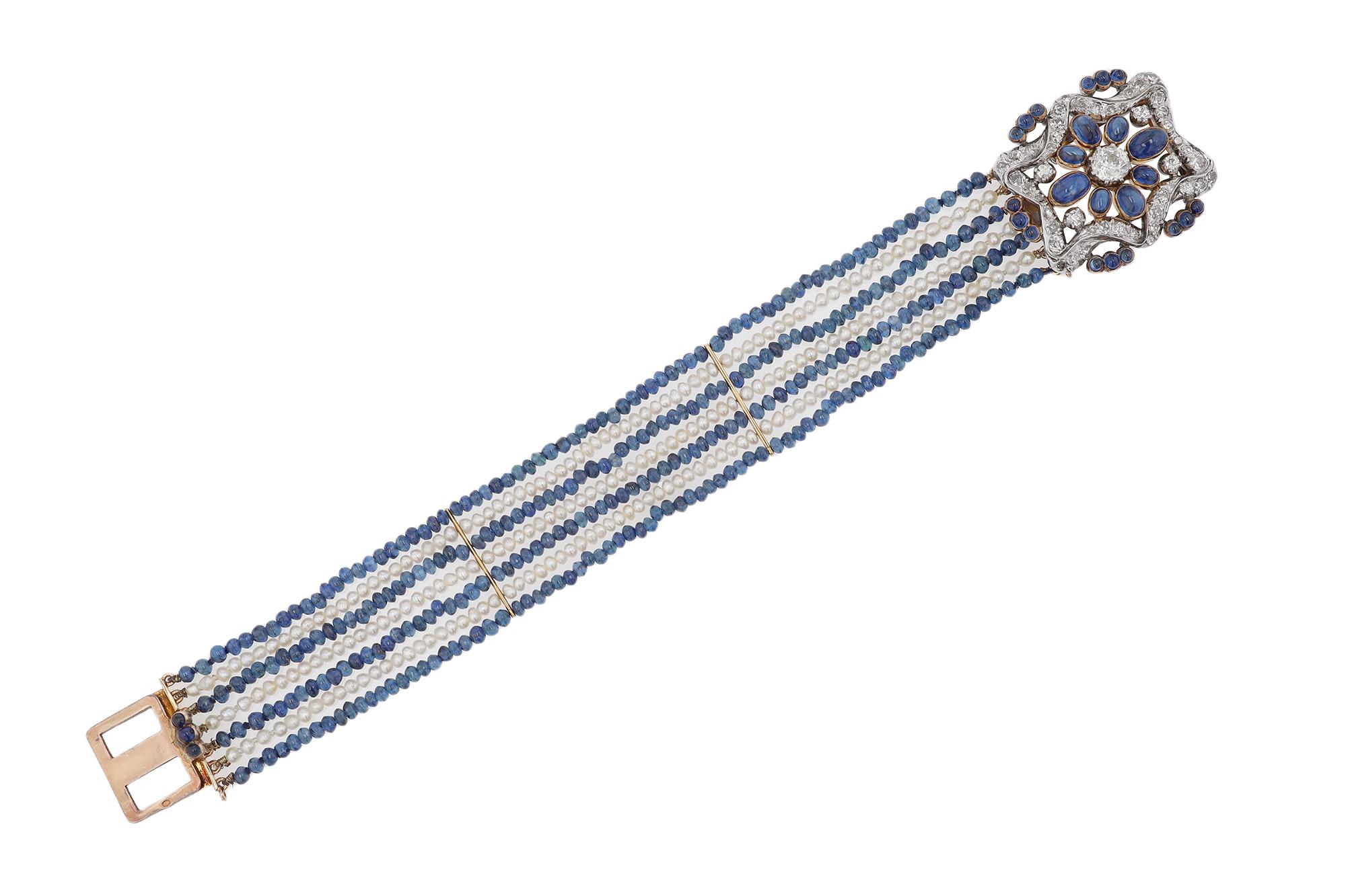 Antique French Belle Epoque  5 Carat Sapphire, Pearl and Diamond Bracelet In Good Condition For Sale In Santa Barbara, CA