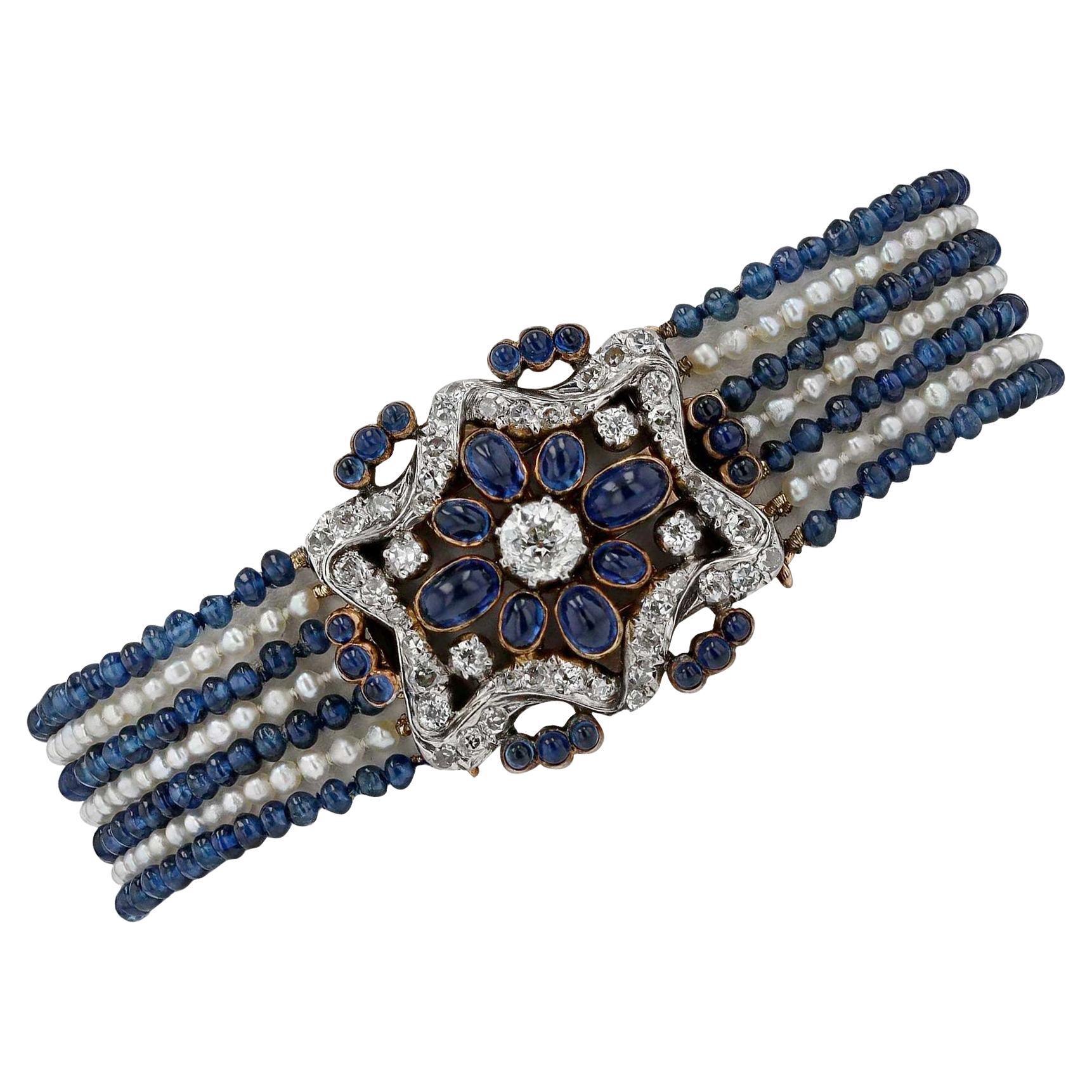 Antique French Belle Epoque  Bracelet de saphirs, perles et diamants de 5 carats en vente