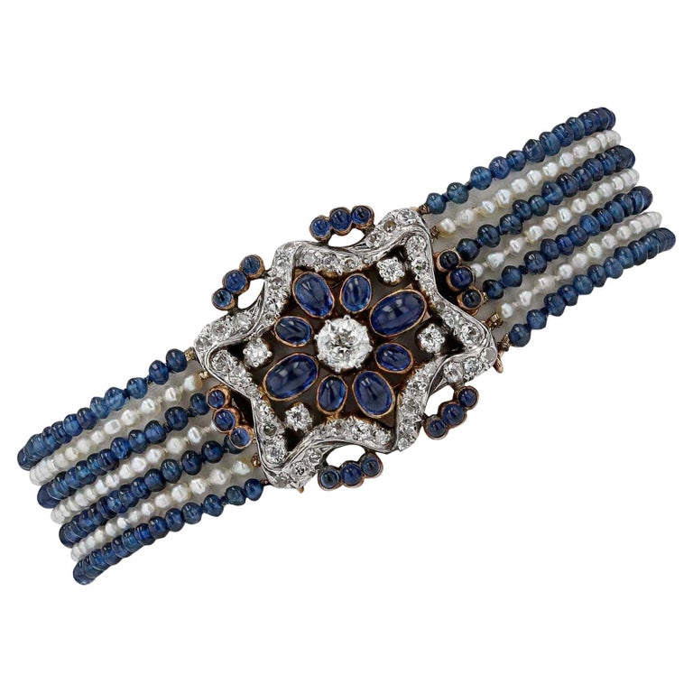 Antique French Belle Epoque 5 Carat Sapphire, Pearl and Diamond 