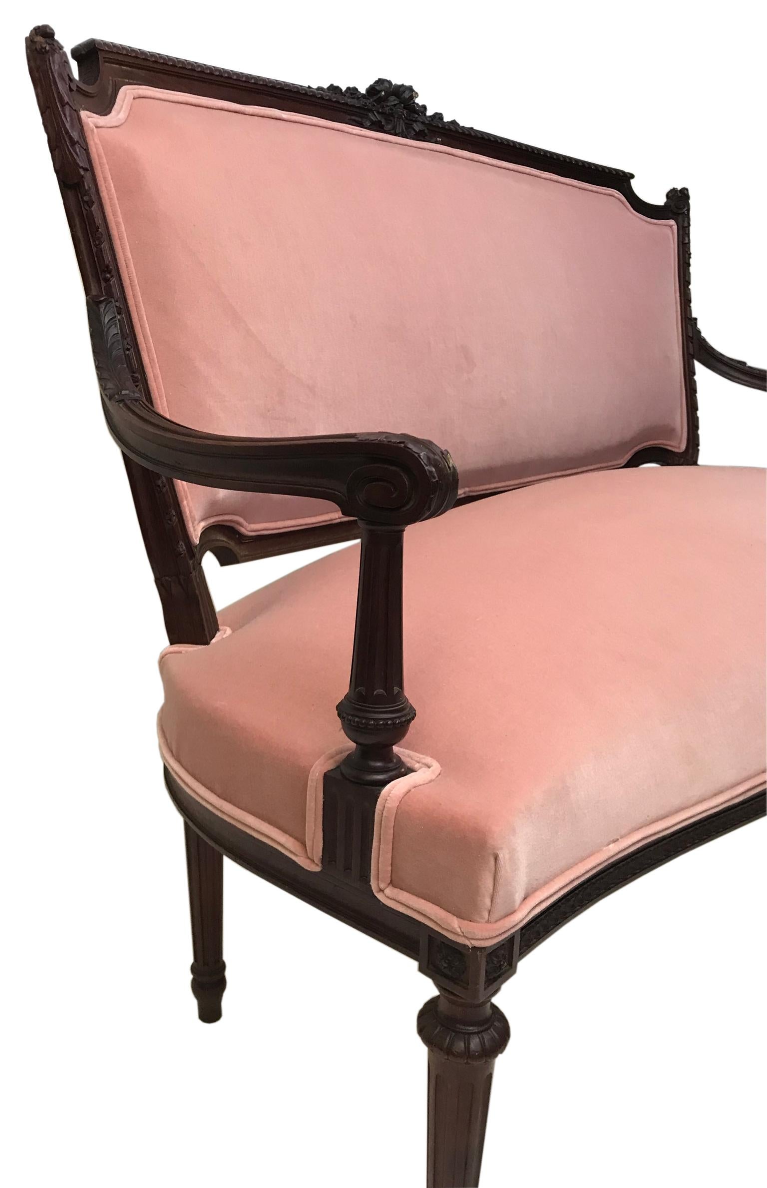 French FRENCH Belle Époque SETTEE in LOUIS XVI Style Rose Pink Velvet Upholstery 1880 For Sale