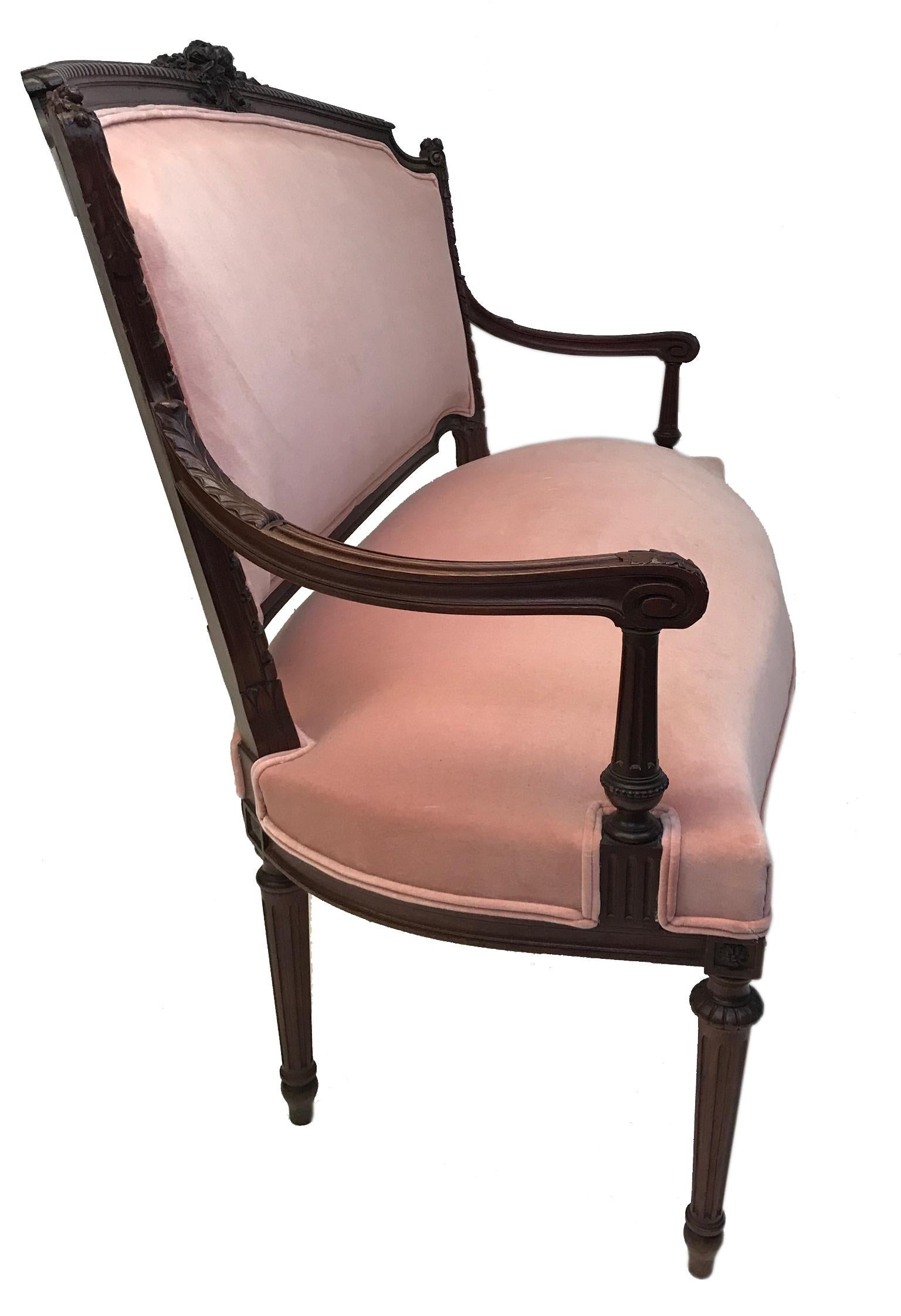 FRENCH Belle Époque SETTEE in LOUIS XVI Style Rose Pink Velvet Upholstery 1880 For Sale 1