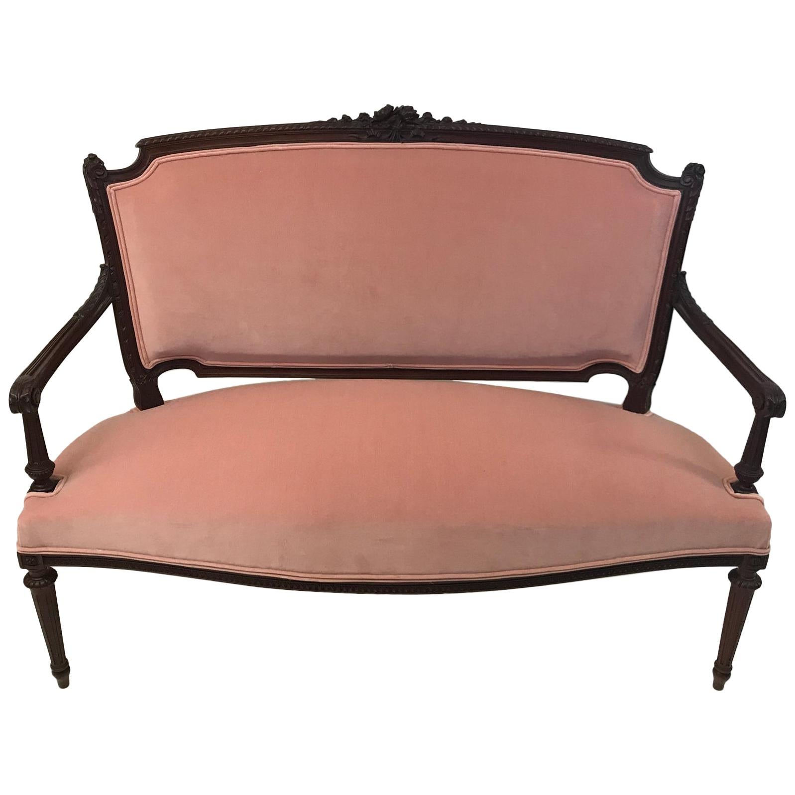FRENCH Belle Époque SETTEE in LOUIS XVI Style Rose Pink Velvet Upholstery 1880 For Sale