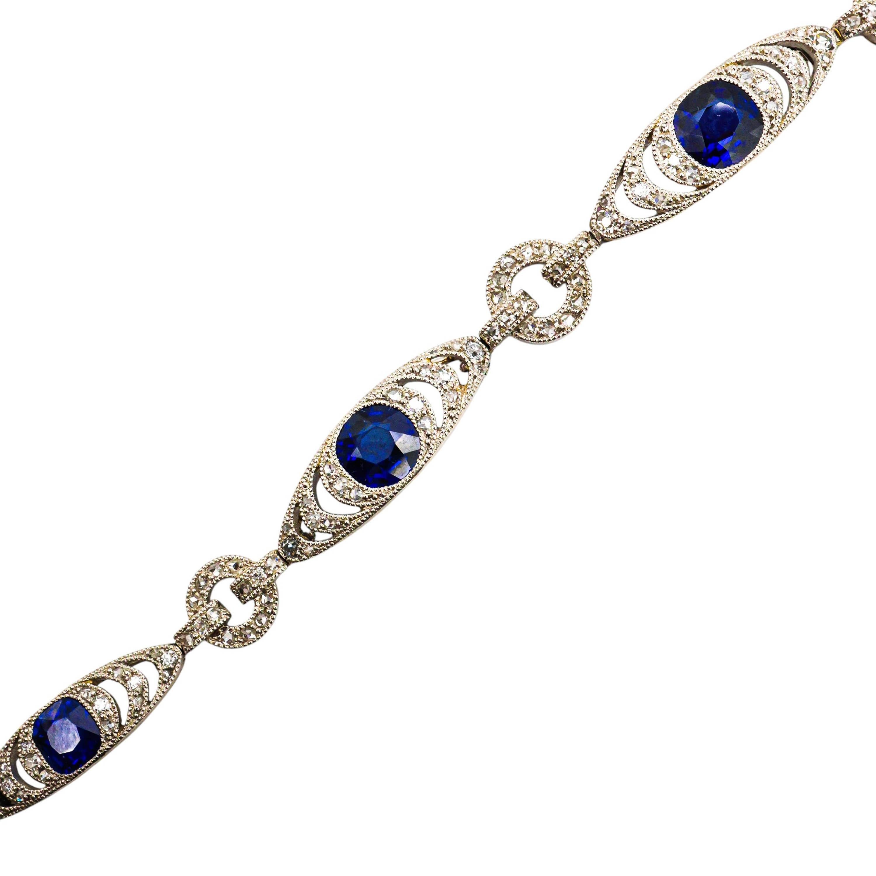 Cushion Cut French Belle Époque Thibault & Jolivot Sapphire Diamond and Platinum Bracelet For Sale