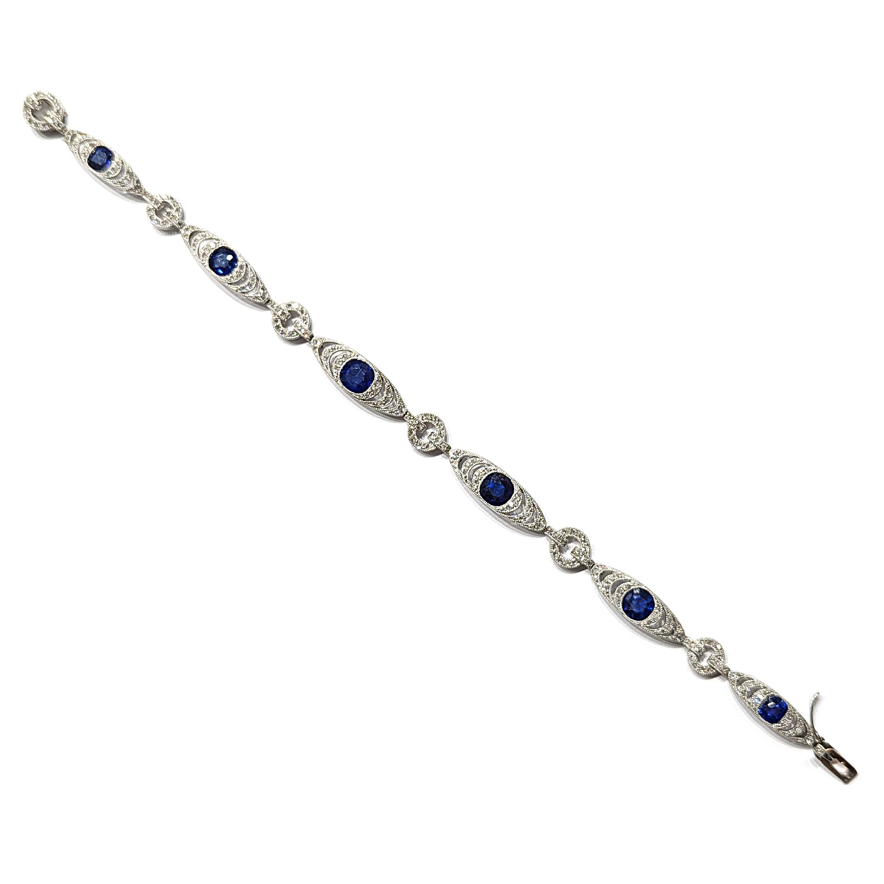 French Belle Époque Thibault & Jolivot Sapphire Diamond and Platinum Bracelet For Sale 3
