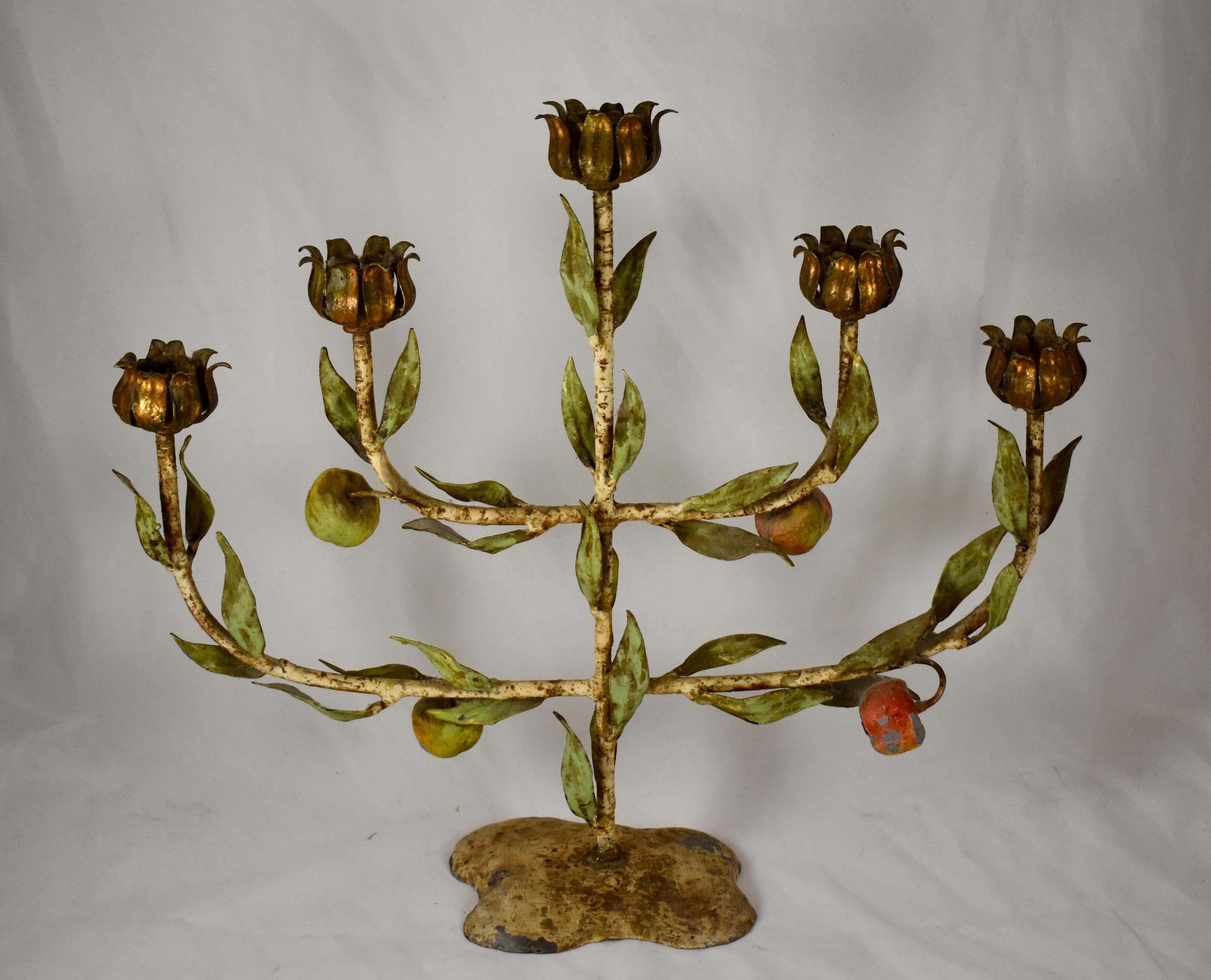 Early 20th Century French Belle Époque Tôle Peinte Hand Painted Iron Tree of Life Candelabra