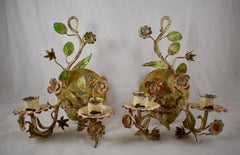 French Belle Époque Tôle Peinte Hand Painted Metal Floral Wall Sconces, a Pair