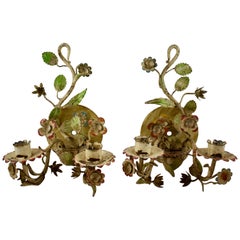 French Belle Époque Tôle Peinte Hand Painted Metal Floral Wall Sconces, a Pair